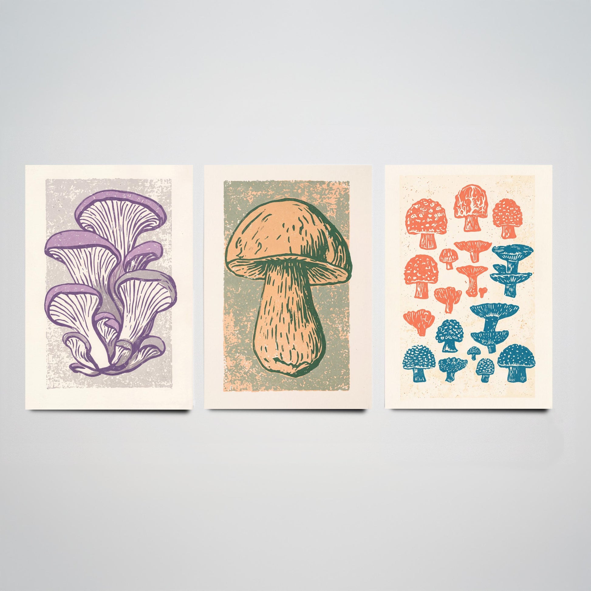 Mushroom Linocut Set of Three Art Prints V2 - Oyster Mushrooms Porcini and Fungi Chart - Bold Illustrations - Retro Botanical Poster