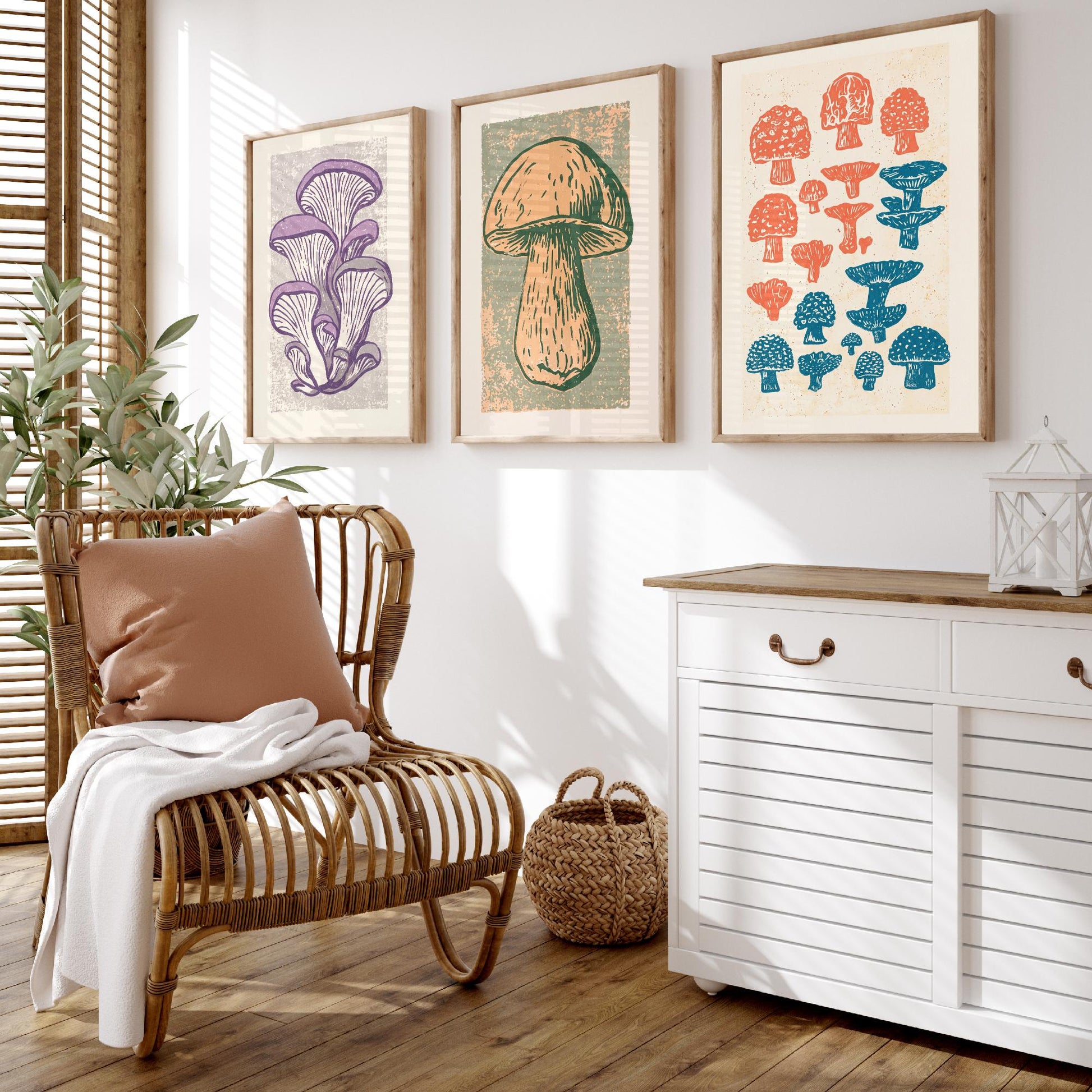 Mushroom Linocut Set of Three Art Prints V2 - Oyster Mushrooms Porcini and Fungi Chart - Bold Illustrations - Retro Botanical Poster