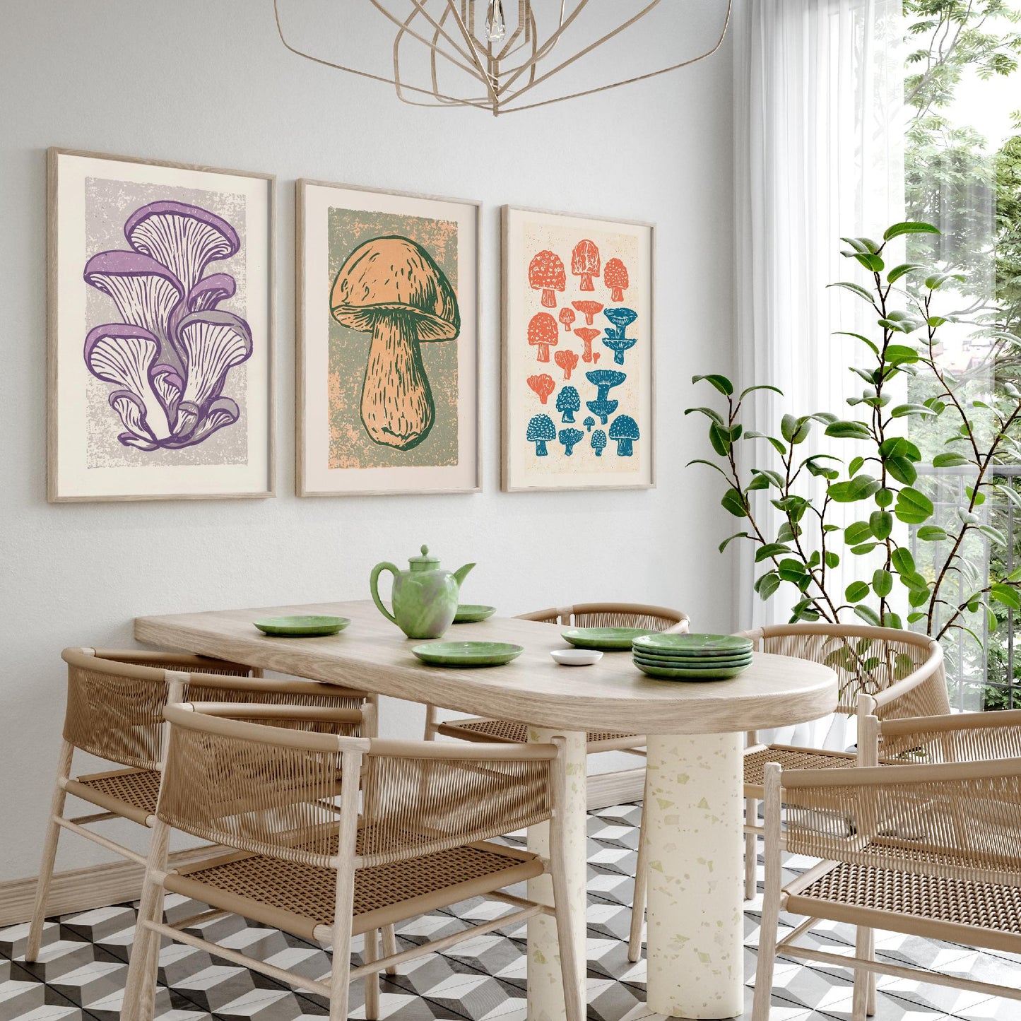 Mushroom Linocut Set of Three Art Prints V2 - Oyster Mushrooms Porcini and Fungi Chart - Bold Illustrations - Retro Botanical Poster
