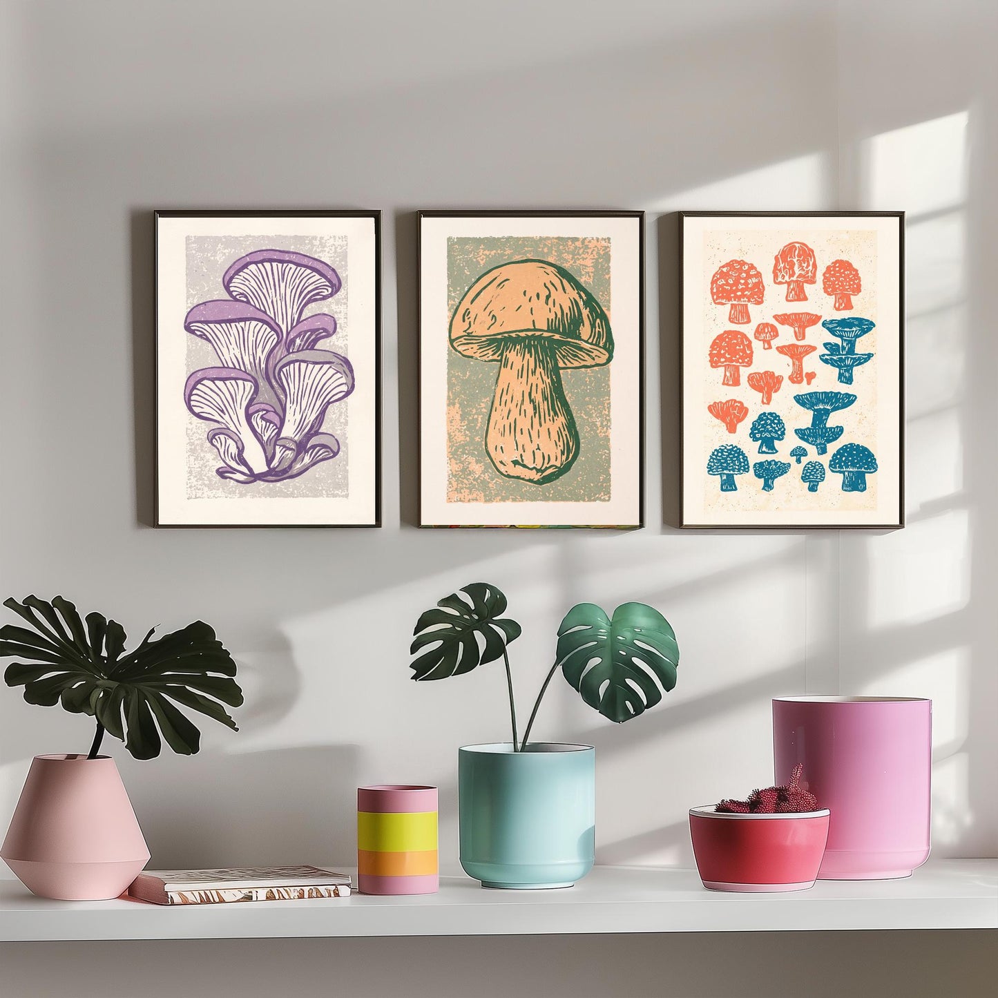 Mushroom Linocut Set of Three Art Prints V2 - Oyster Mushrooms Porcini and Fungi Chart - Bold Illustrations - Retro Botanical Poster