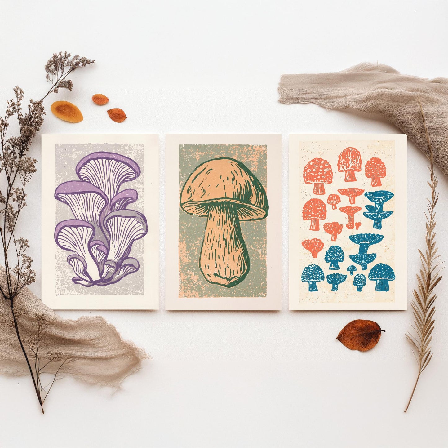 Mushroom Linocut Set of Three Art Prints V2 - Oyster Mushrooms Porcini and Fungi Chart - Bold Illustrations - Retro Botanical Poster