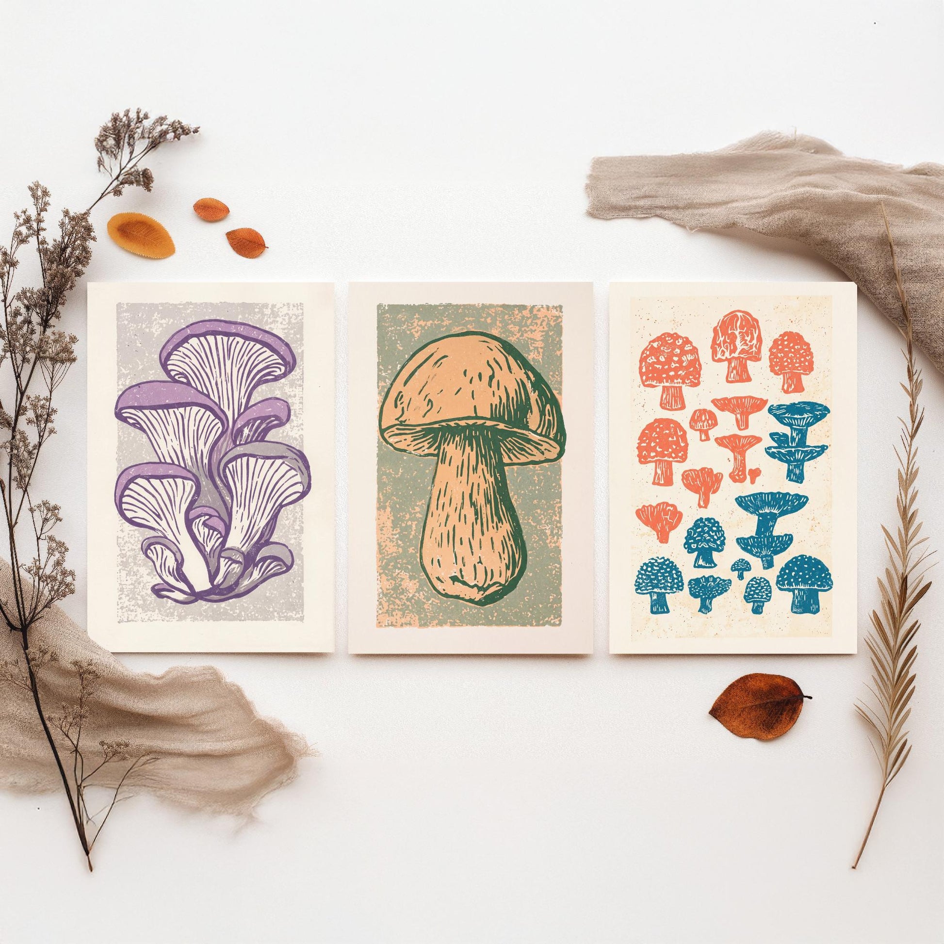 Mushroom Linocut Set of Three Art Prints V2 - Oyster Mushrooms Porcini and Fungi Chart - Bold Illustrations - Retro Botanical Poster