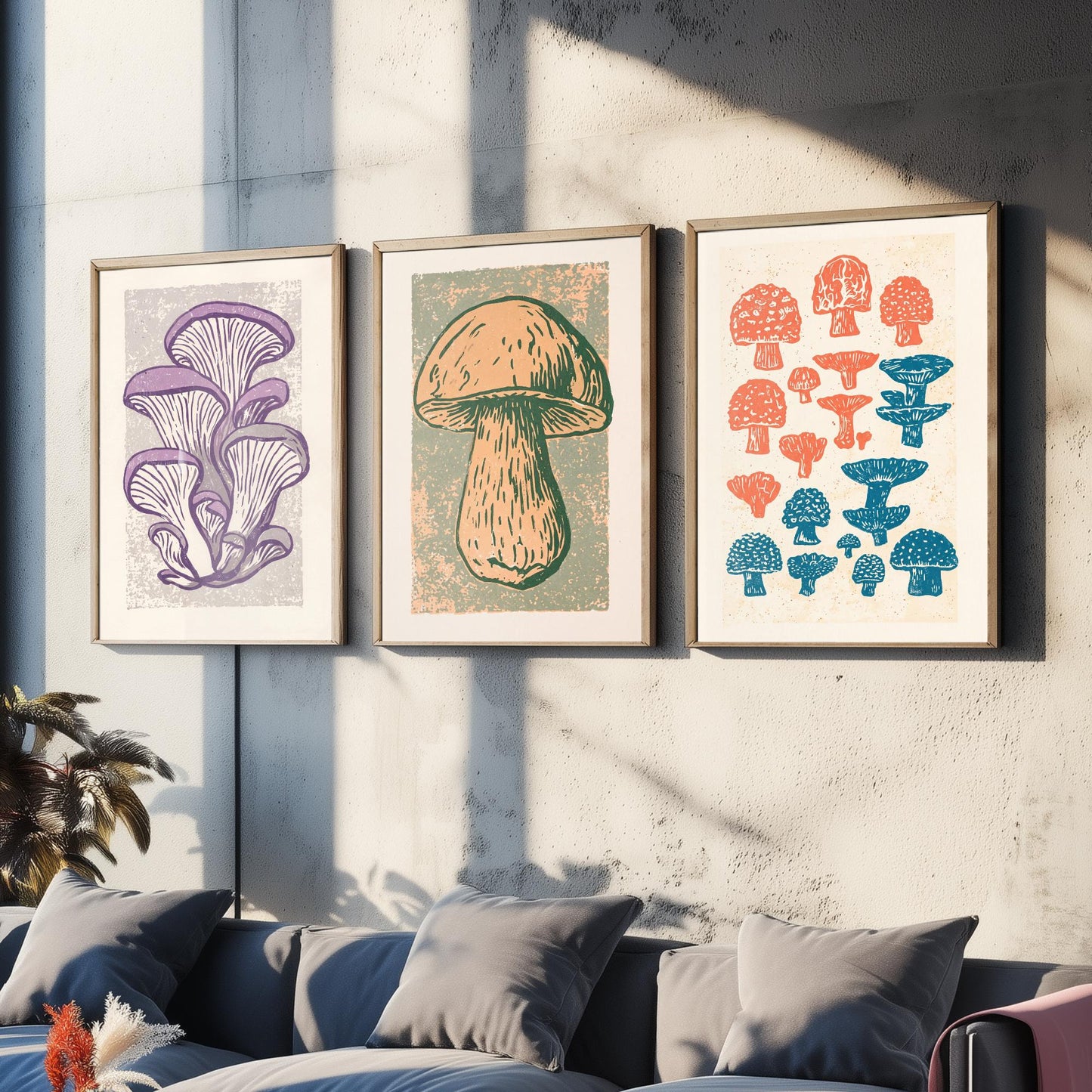 Mushroom Linocut Set of Three Art Prints V2 - Oyster Mushrooms Porcini and Fungi Chart - Bold Illustrations - Retro Botanical Poster