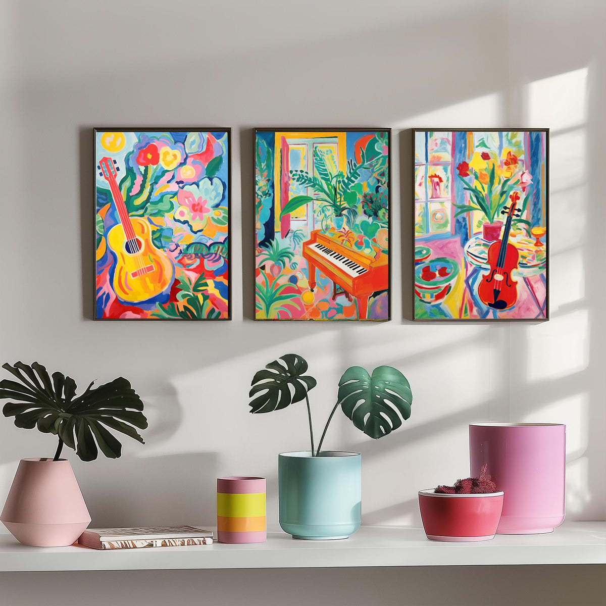 Fauvist Music Set of Three Art Prints - 3 Guitar Piano Violin Cut Out Style Posters - Colourful Wall Art Painting Instrument Gift