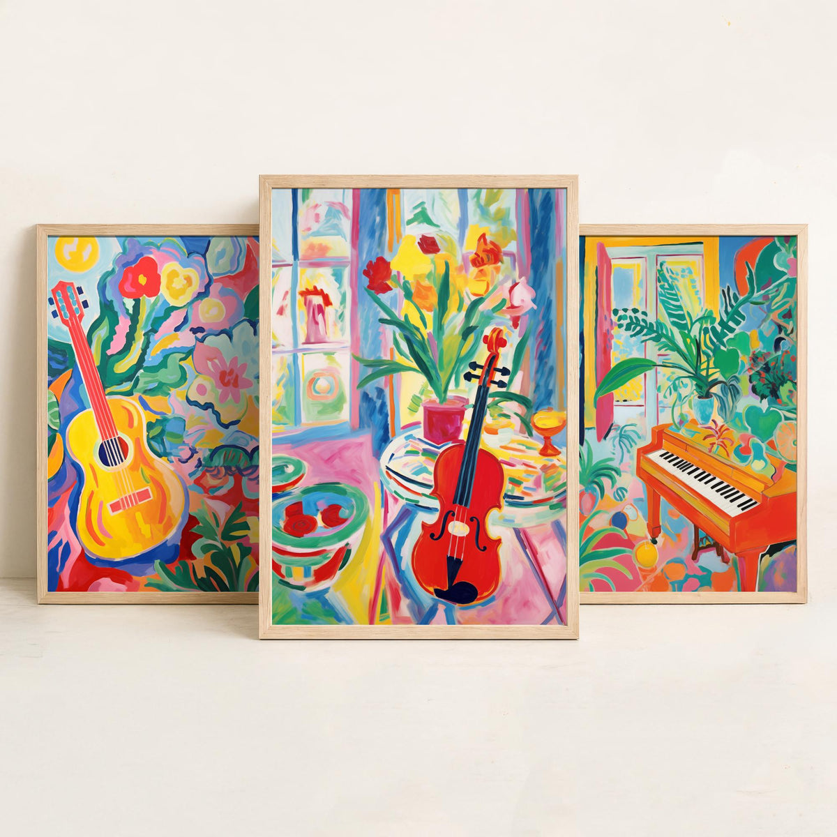 Fauvist Music Set of Three Art Prints - 3 Guitar Piano Violin Cut Out Style Posters - Colourful Wall Art Painting Instrument Gift