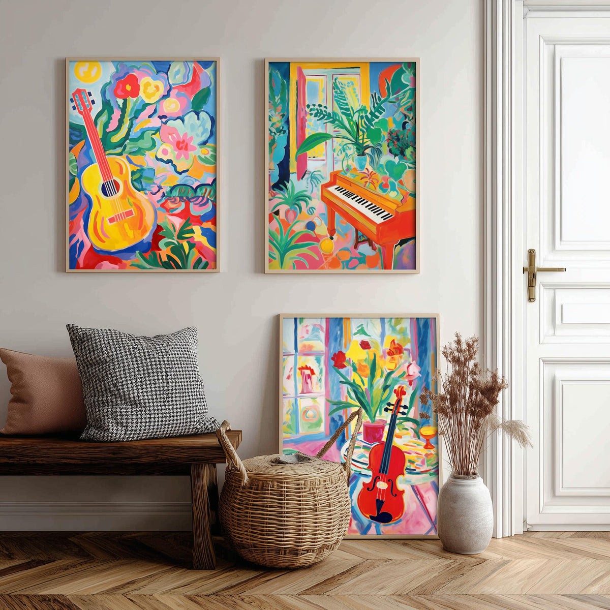 Fauvist Music Set of Three Art Prints - 3 Guitar Piano Violin Cut Out Style Posters - Colourful Wall Art Painting Instrument Gift