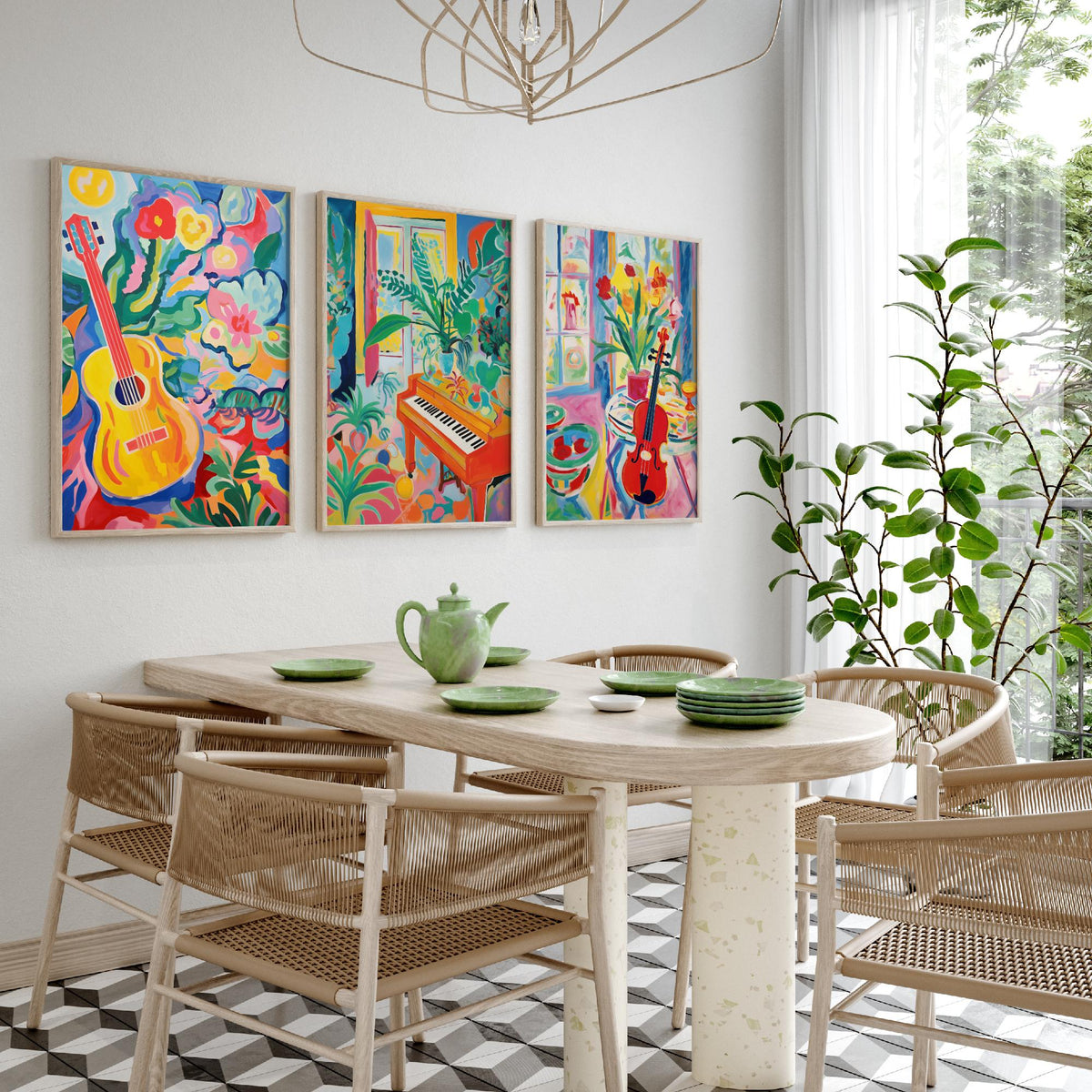 Fauvist Music Set of Three Art Prints - 3 Guitar Piano Violin Cut Out Style Posters - Colourful Wall Art Painting Instrument Gift