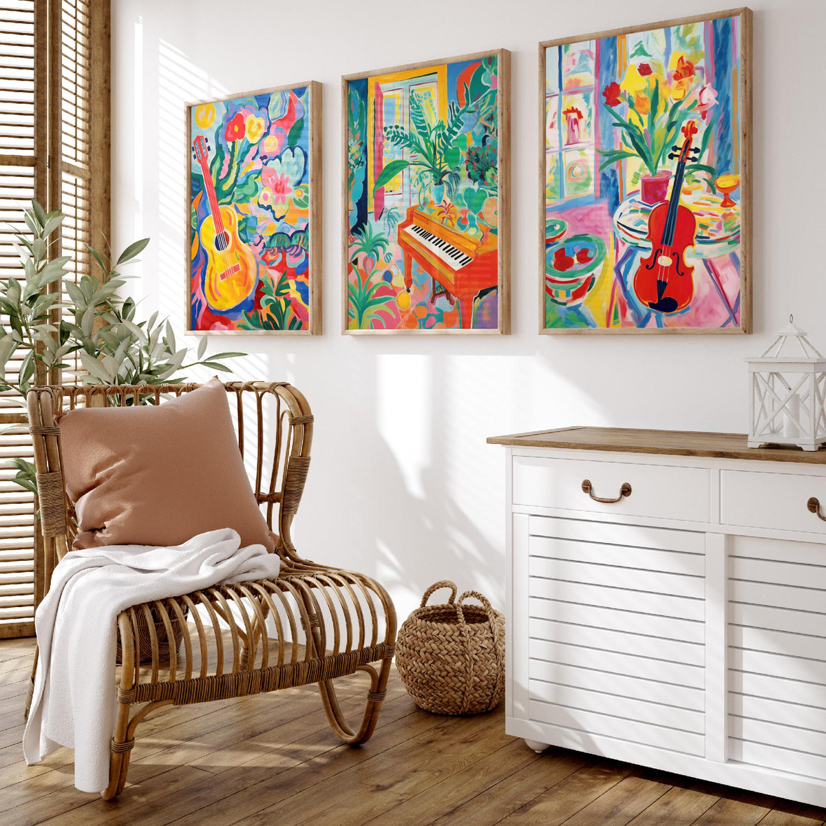 Fauvist Music Set of Three Art Prints - 3 Guitar Piano Violin Cut Out Style Posters - Colourful Wall Art Painting Instrument Gift