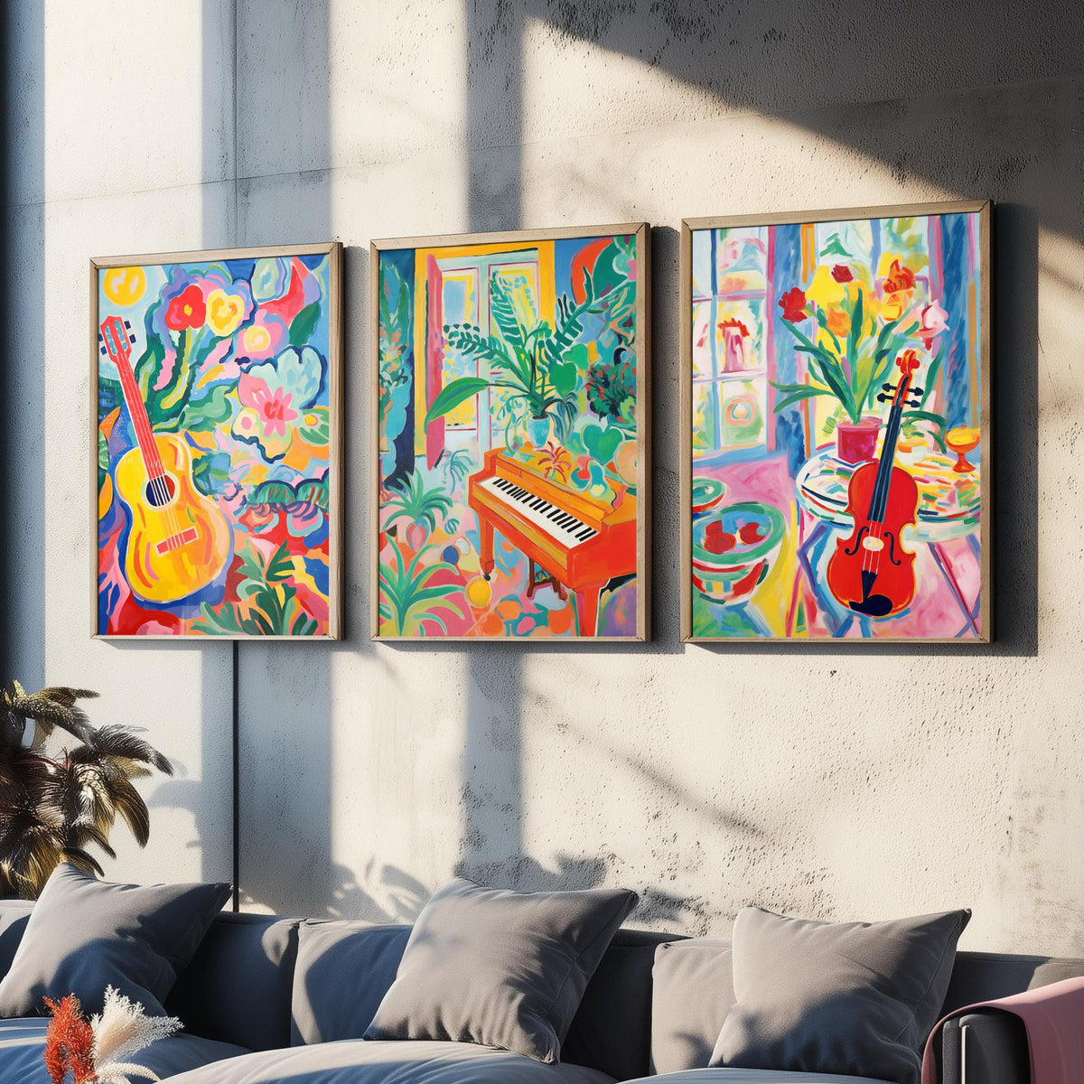 Fauvist Music Set of Three Art Prints - 3 Guitar Piano Violin Cut Out Style Posters - Colourful Wall Art Painting Instrument Gift