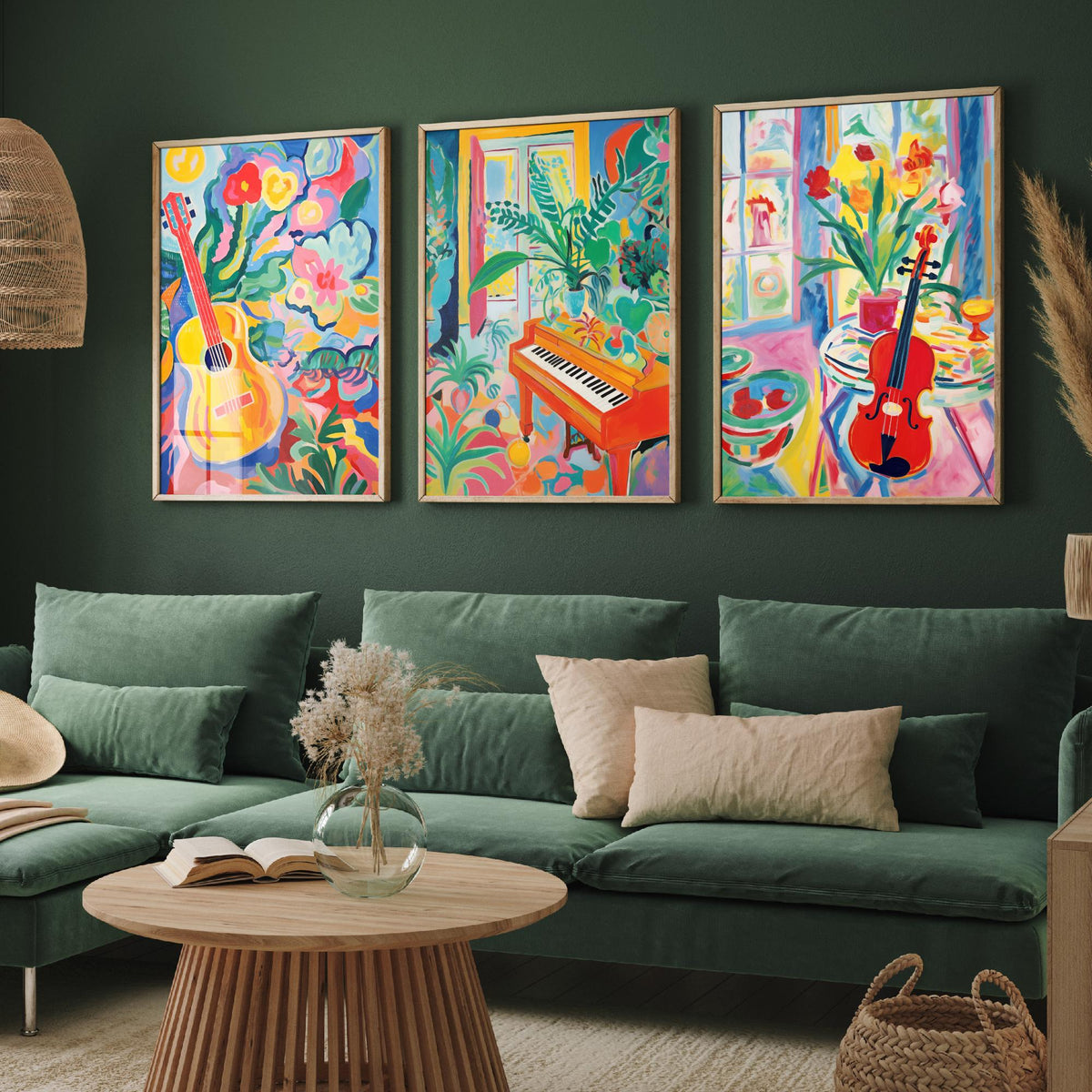 Fauvist Music Set of Three Art Prints - 3 Guitar Piano Violin Cut Out Style Posters - Colourful Wall Art Painting Instrument Gift