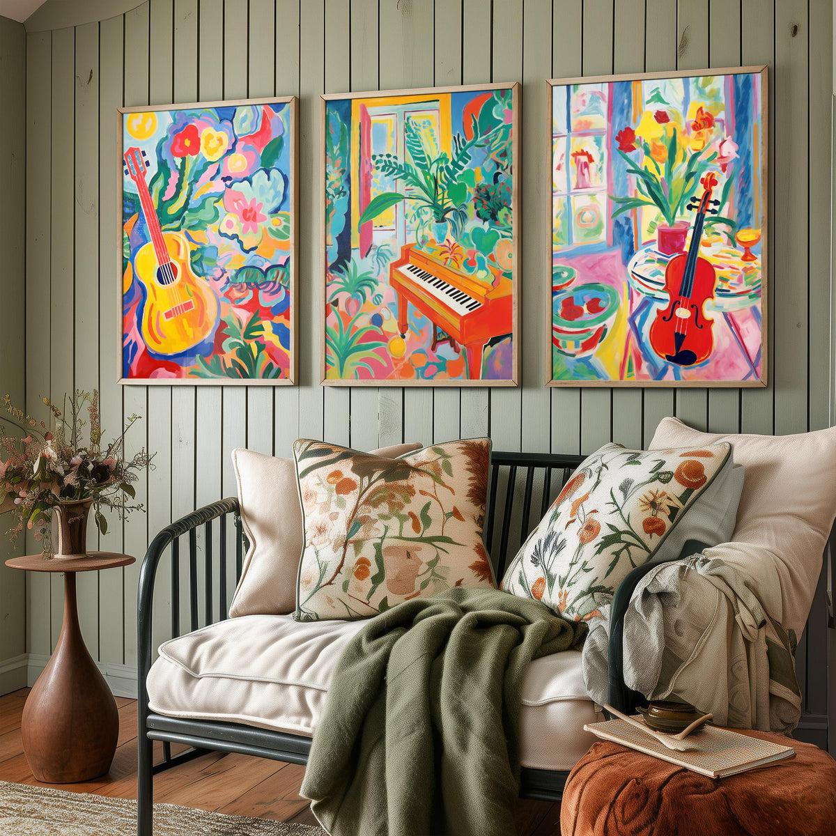 Fauvist Music Set of Three Art Prints - 3 Guitar Piano Violin Cut Out Style Posters - Colourful Wall Art Painting Instrument Gift