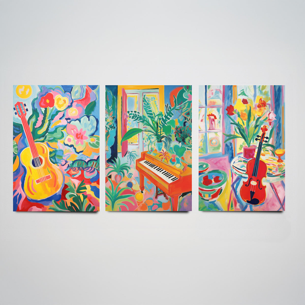 Fauvist Music Set of Three Art Prints - 3 Guitar Piano Violin Cut Out Style Posters - Colourful Wall Art Painting Instrument Gift