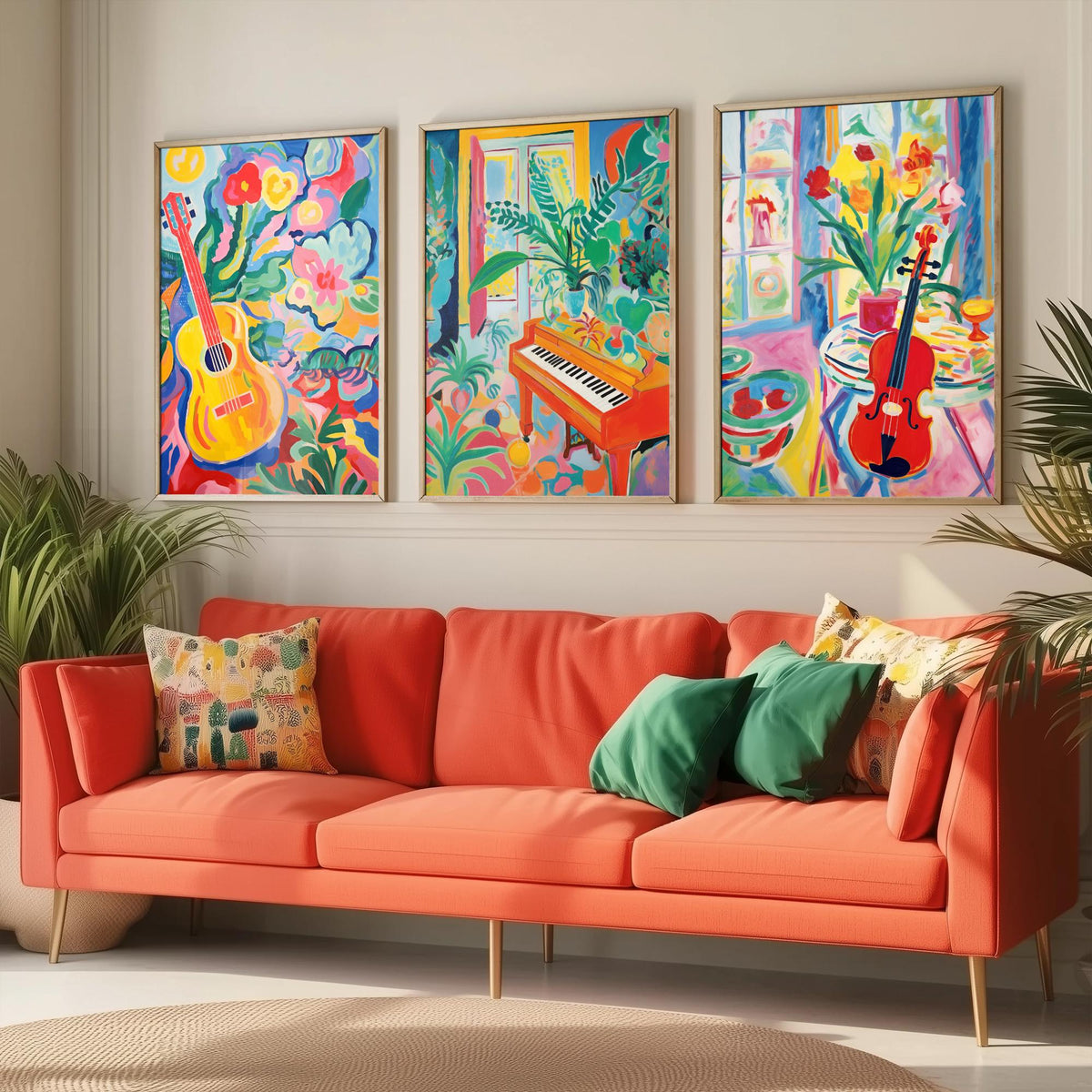 Fauvist Music Set of Three Art Prints - 3 Guitar Piano Violin Cut Out Style Posters - Colourful Wall Art Painting Instrument Gift