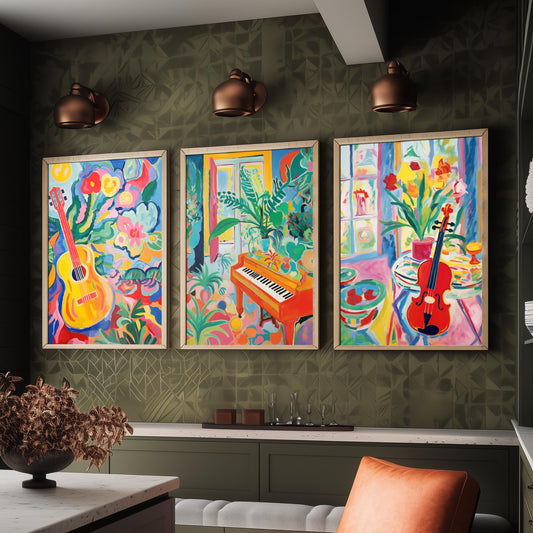Fauvist Music Set of Three Art Prints - 3 Guitar Piano Violin Cut Out Style Posters - Colourful Wall Art Painting Instrument Gift