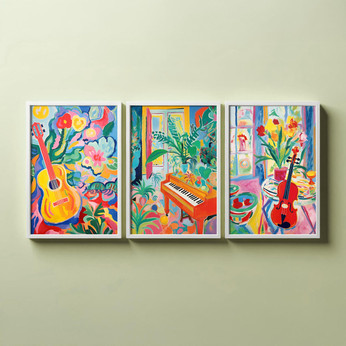 Fauvist Music Set of Three Art Prints - 3 Guitar Piano Violin Cut Out Style Posters - Colourful Wall Art Painting Instrument Gift