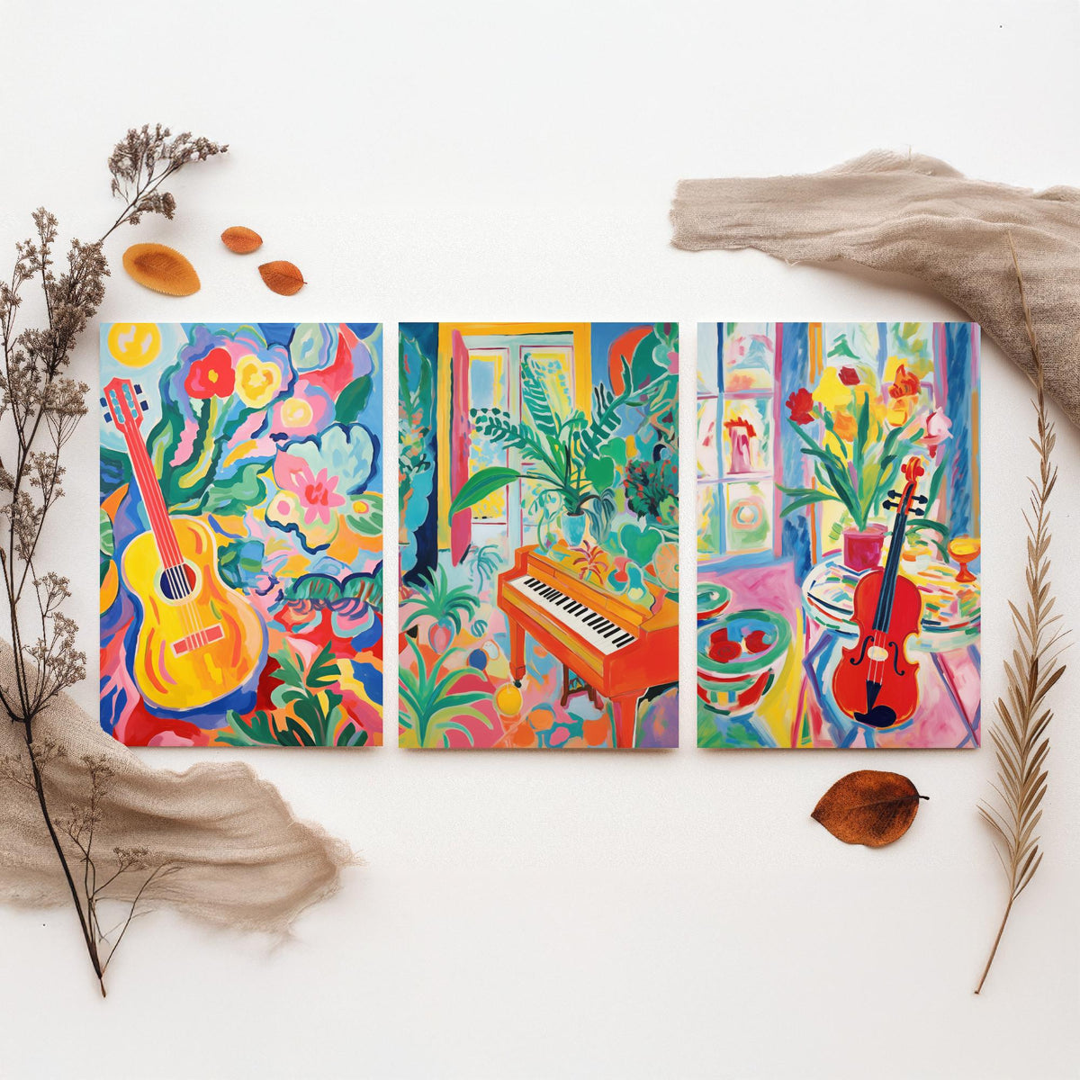 Fauvist Music Set of Three Art Prints - 3 Guitar Piano Violin Cut Out Style Posters - Colourful Wall Art Painting Instrument Gift