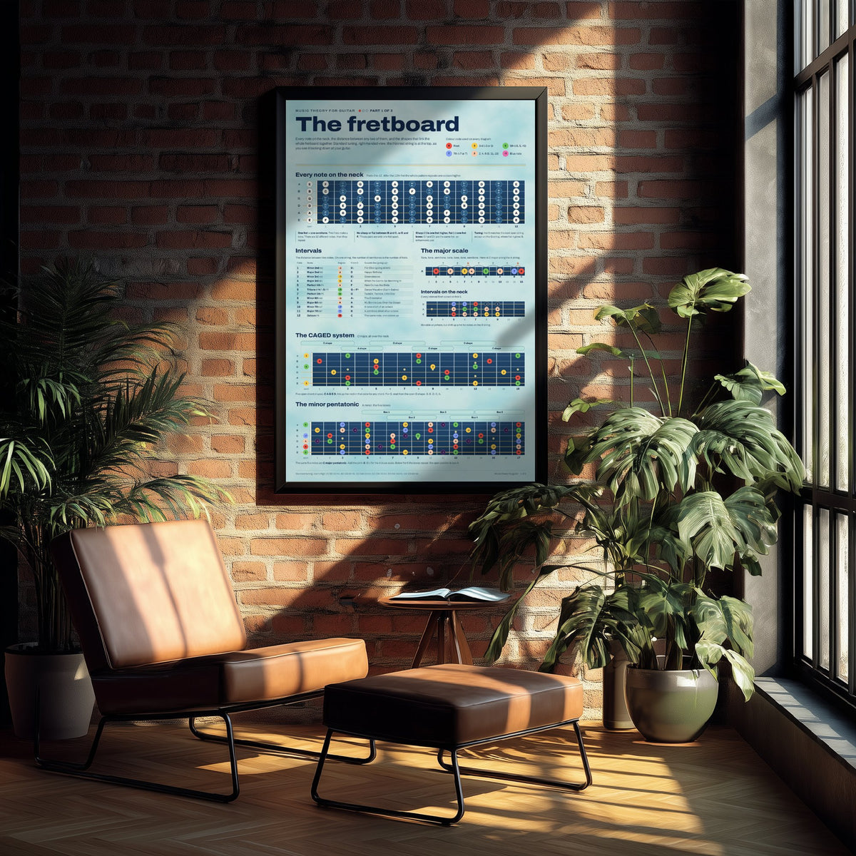 Guitar Fretboard Art Print - Music Theory Notes and Intervals Poster - Educational Illustration - Guitarist Gift 1/3