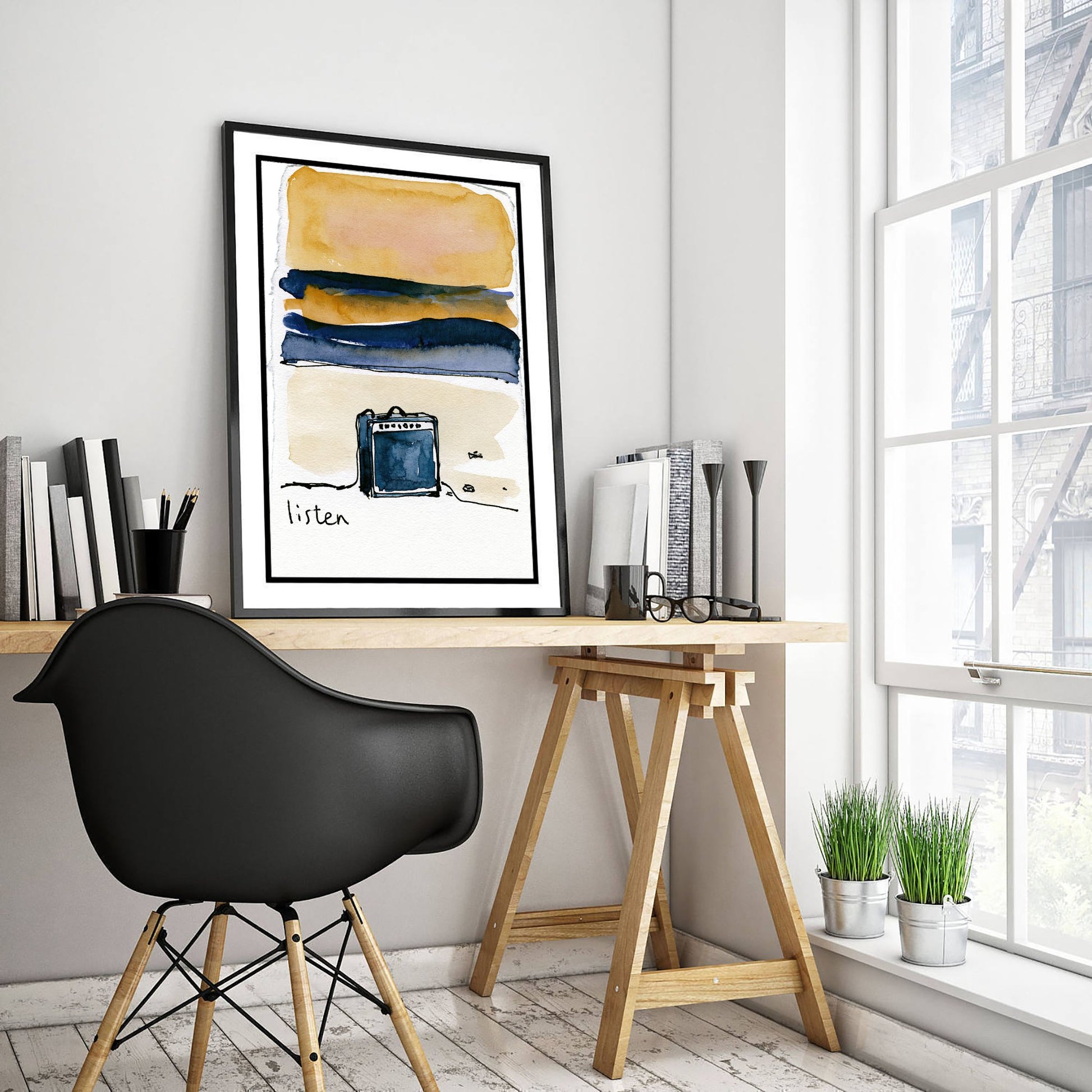 Guitar Amp Watercolour Art Print - Listen Music Poster - Loose Ink Musician Wall Art 1/3