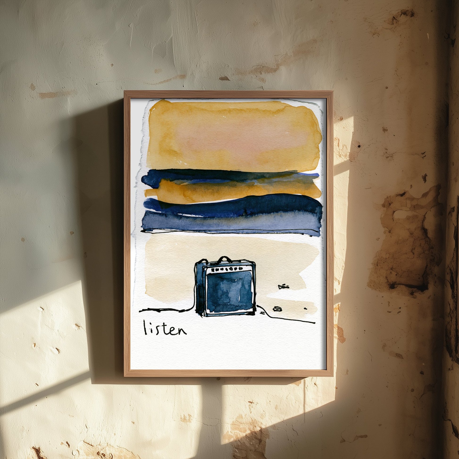 Guitar Amp Watercolour Art Print - Listen Music Poster - Loose Ink Musician Wall Art 1/3