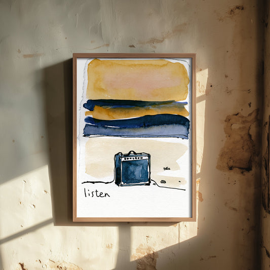 Guitar Amp Watercolour Art Print - Listen Music Poster - Loose Ink Musician Wall Art 1/3