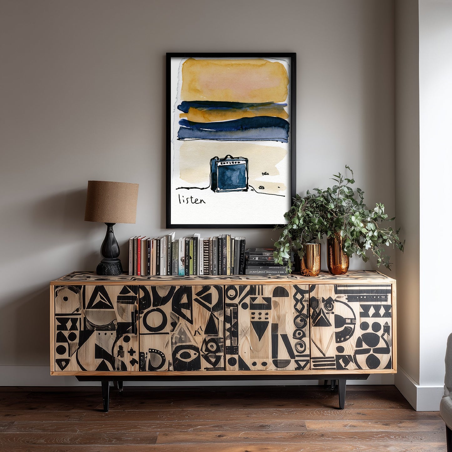 Guitar Amp Watercolour Art Print - Listen Music Poster - Loose Ink Musician Wall Art 1/3