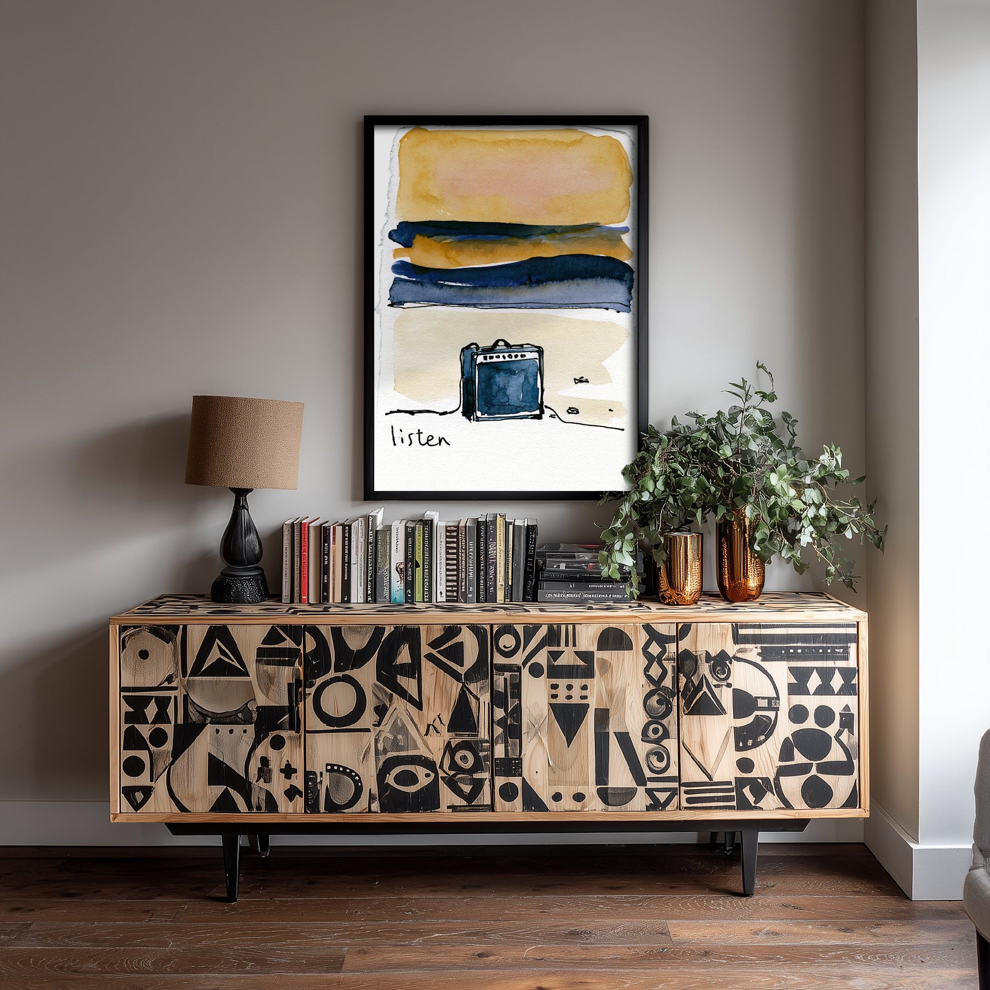 Guitar Amp Watercolour Art Print - Listen Music Poster - Loose Ink Musician Wall Art 1/3