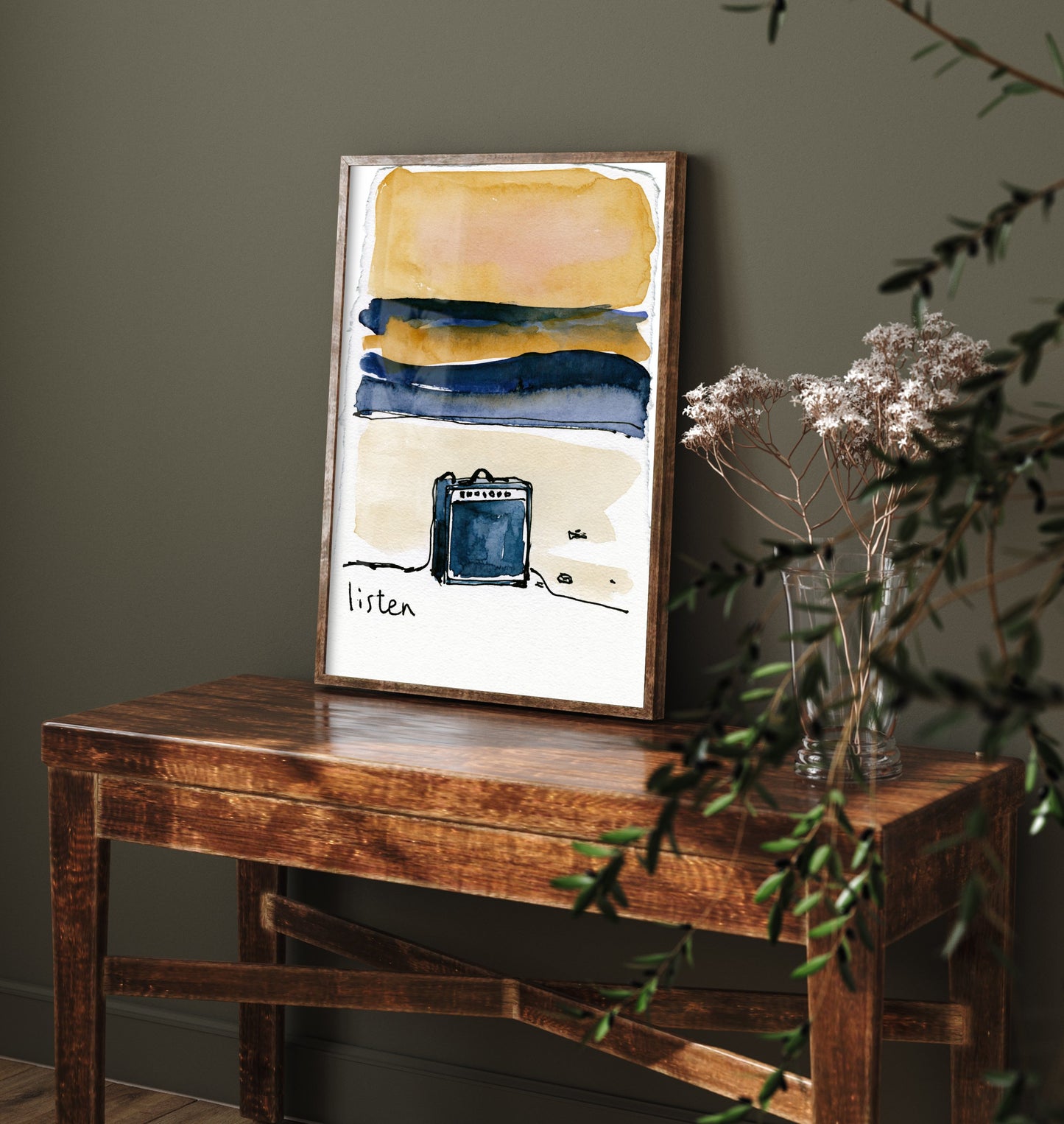 Guitar Amp Watercolour Art Print - Listen Music Poster - Loose Ink Musician Wall Art 1/3
