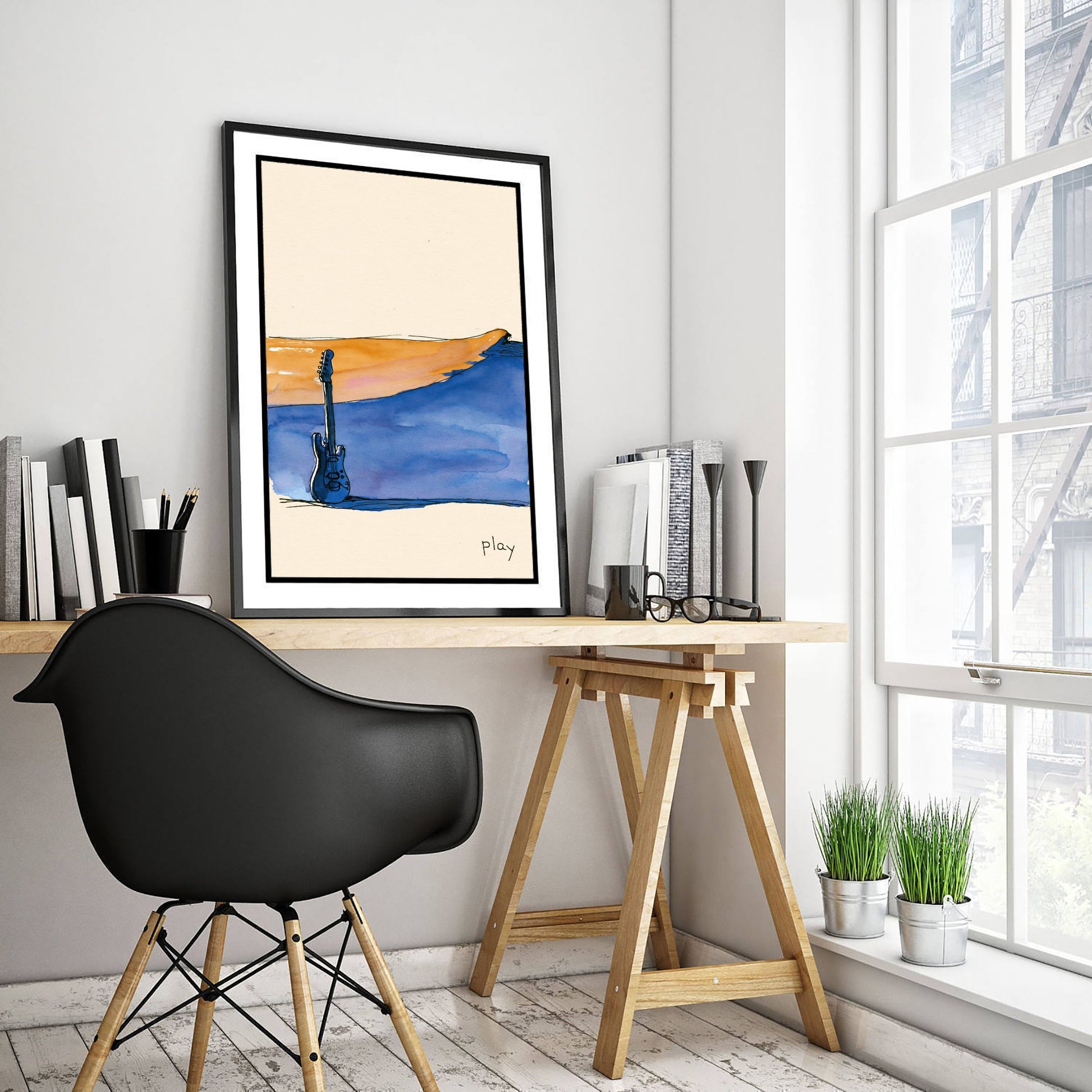 Electric Guitar Watercolour Art Print - Play Music Poster - Loose Ink Musician Wall Art 2/3