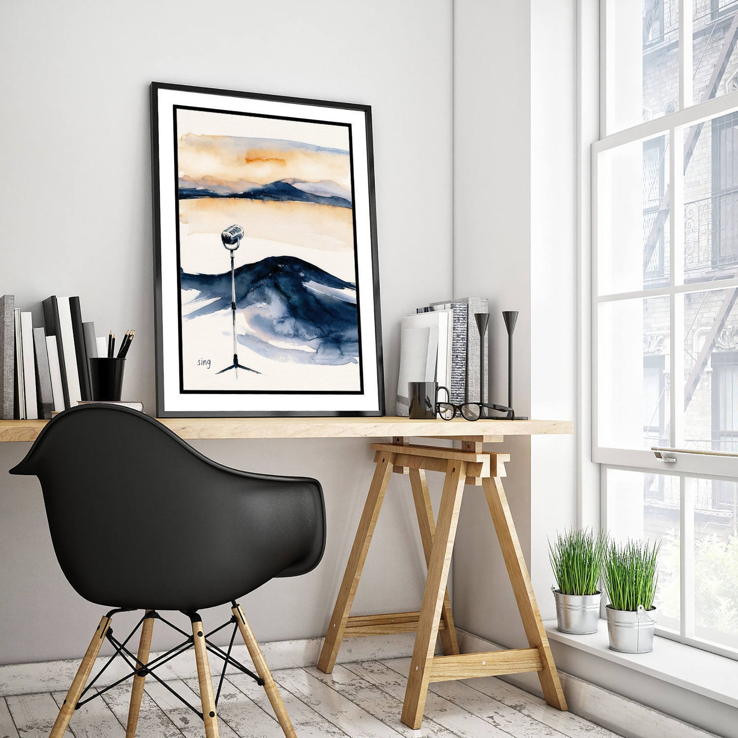 Vintage Microphone Watercolour Art Print - Sing Music Poster - Loose Ink Wall Art 3/3