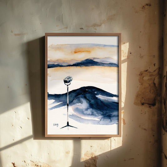 Vintage Microphone Watercolour Art Print - Sing Music Poster - Loose Ink Wall Art 3/3