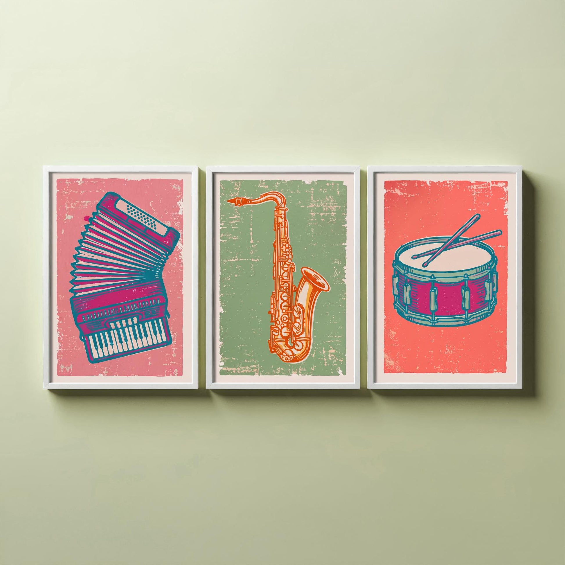 Set of Three Musical Instrument Art Prints - Accordion, Saxophone & Snare Drum - Linocut Style Illustrations - Music Posters V2