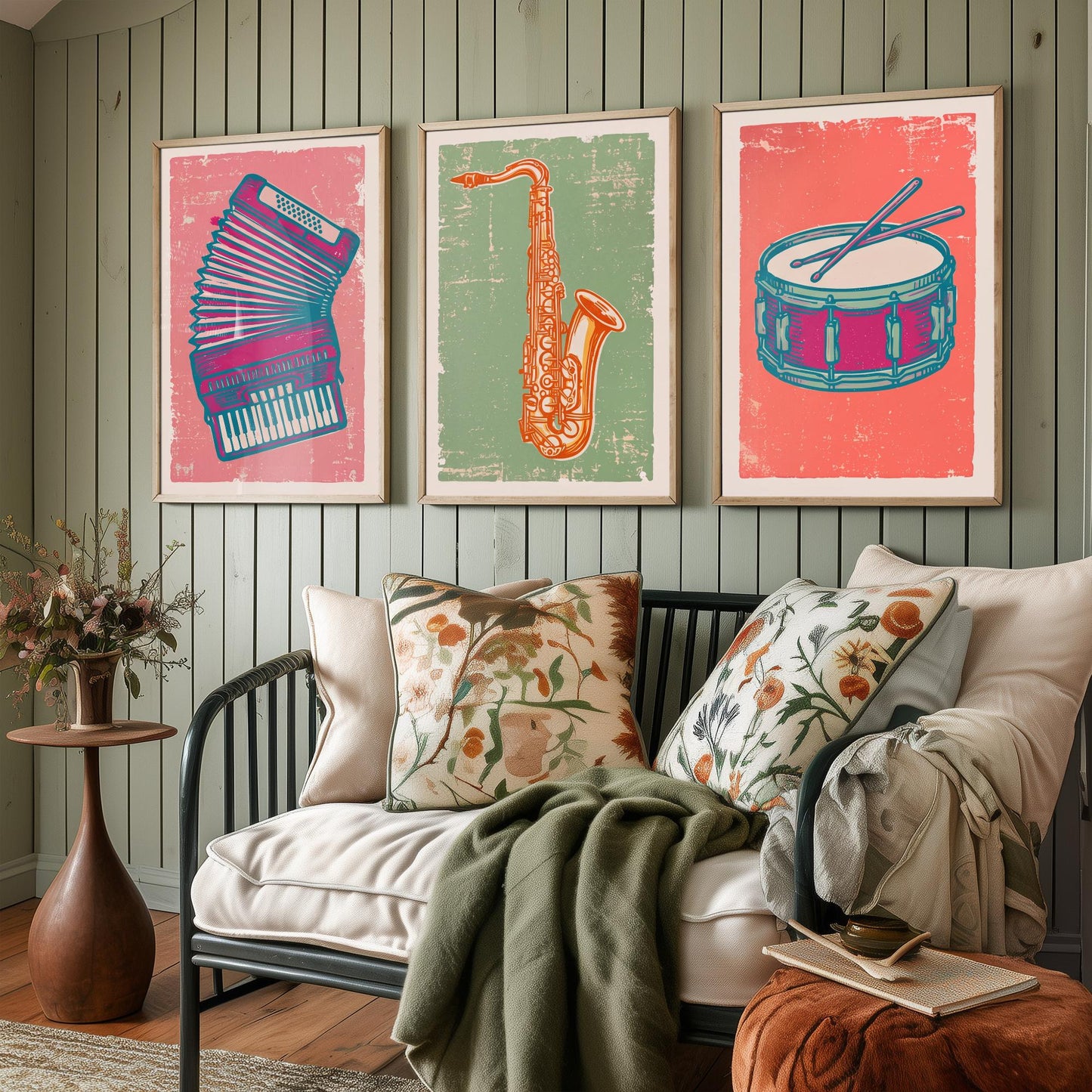 Set of Three Musical Instrument Art Prints - Accordion, Saxophone & Snare Drum - Linocut Style Illustrations - Music Posters V2
