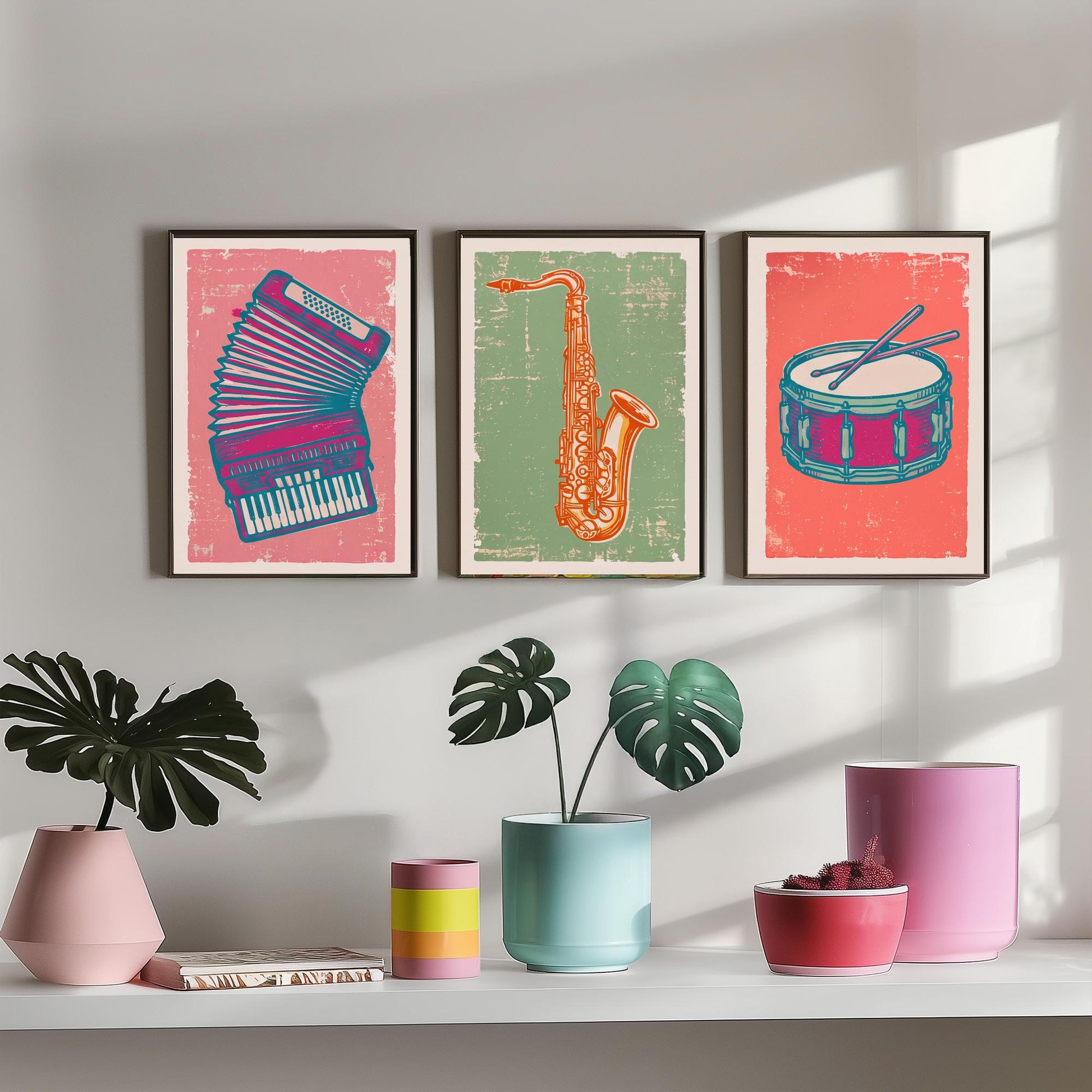 Set of Three Musical Instrument Art Prints - Accordion, Saxophone & Snare Drum - Linocut Style Illustrations - Music Posters V2