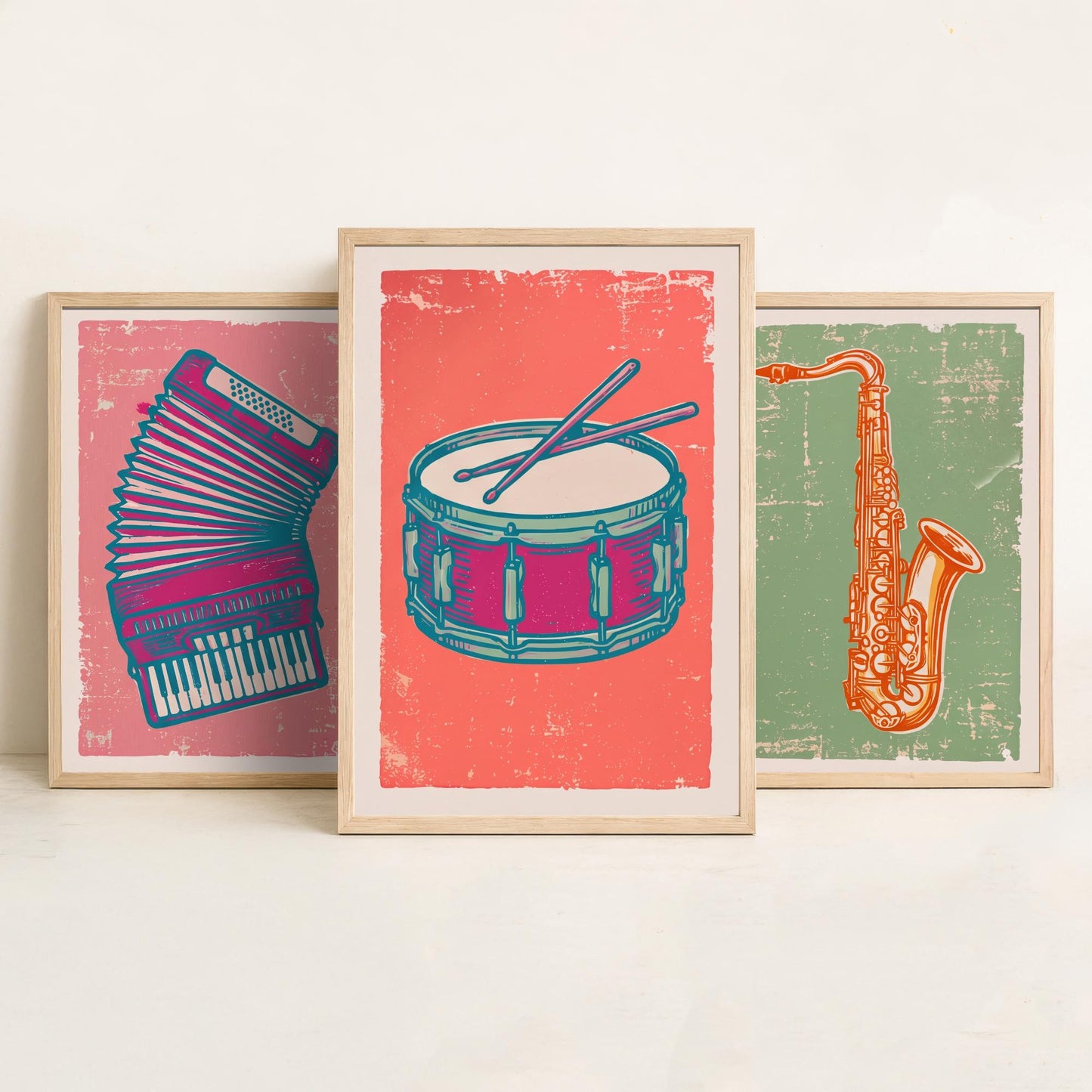 Set of Three Musical Instrument Art Prints - Accordion, Saxophone & Snare Drum - Linocut Style Illustrations - Music Posters V2
