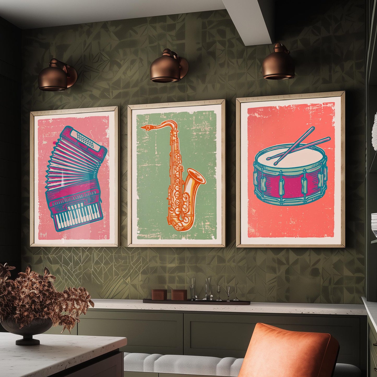 Set of Three Musical Instrument Art Prints - Accordion, Saxophone & Snare Drum - Linocut Style Illustrations - Music Posters V2
