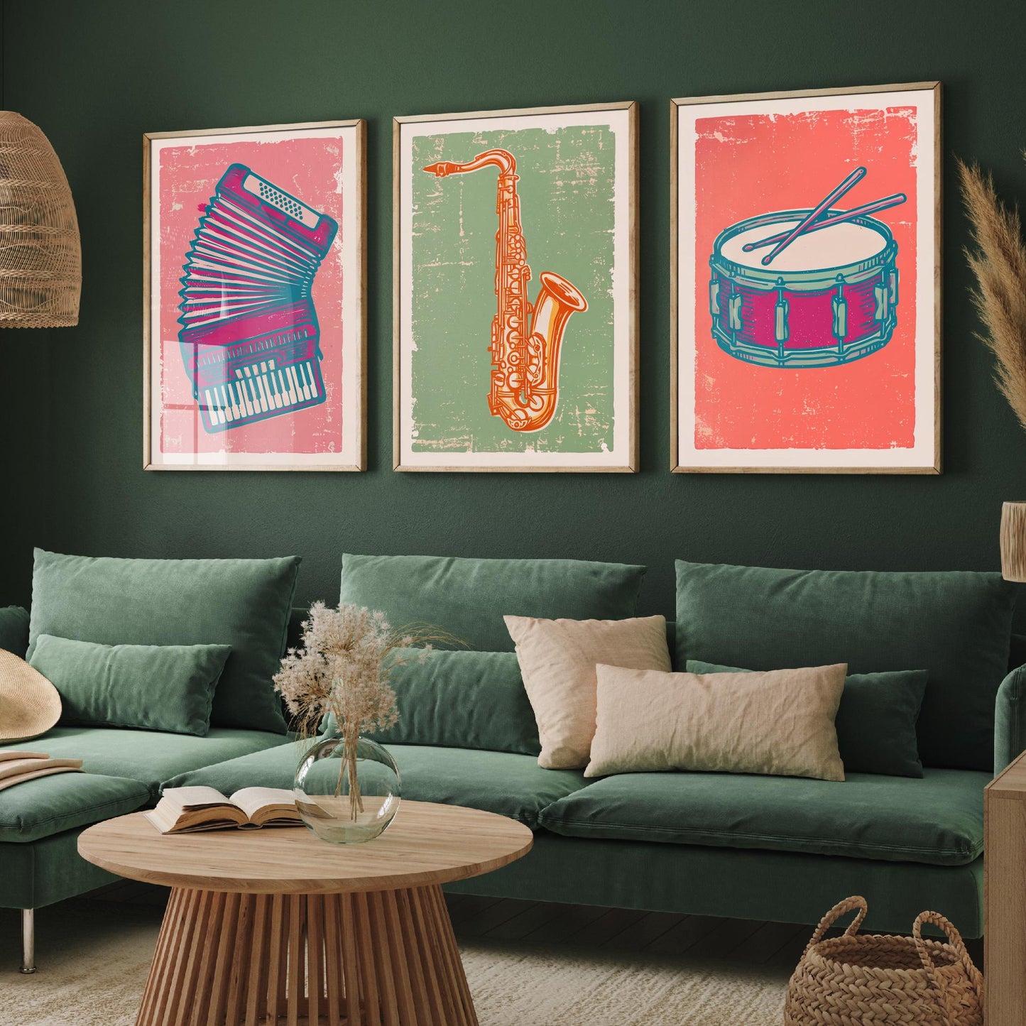 Set of Three Musical Instrument Art Prints - Accordion, Saxophone & Snare Drum - Linocut Style Illustrations - Music Posters V2