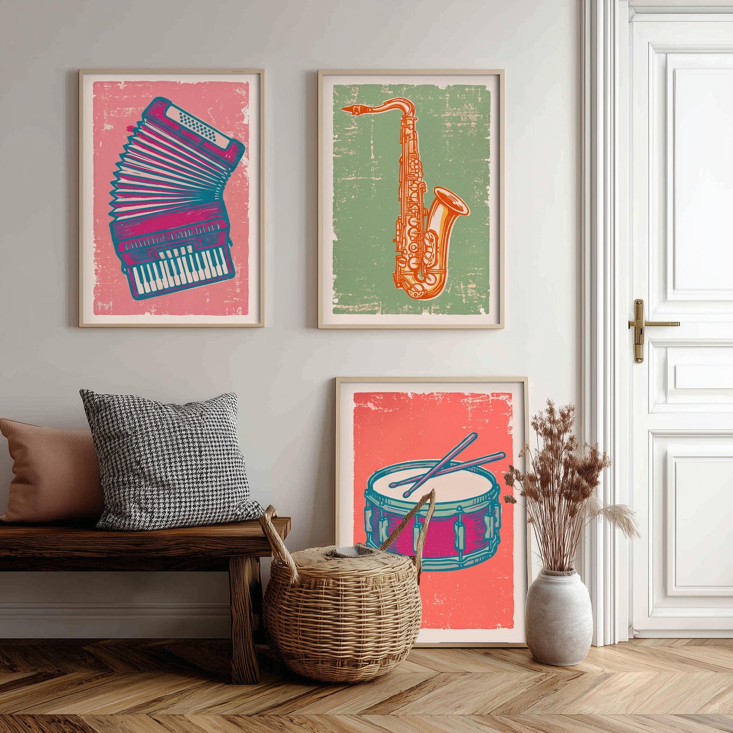 Set of Three Musical Instrument Art Prints - Accordion, Saxophone & Snare Drum - Linocut Style Illustrations - Music Posters V2