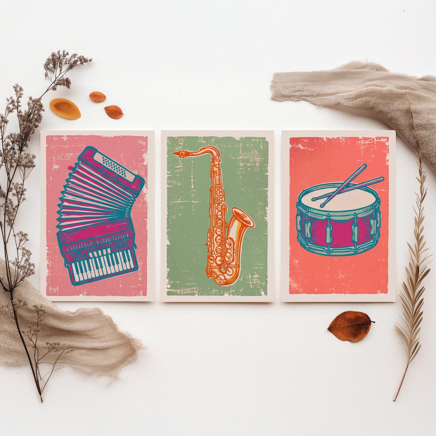 Set of Three Musical Instrument Art Prints - Accordion, Saxophone & Snare Drum - Linocut Style Illustrations - Music Posters V2