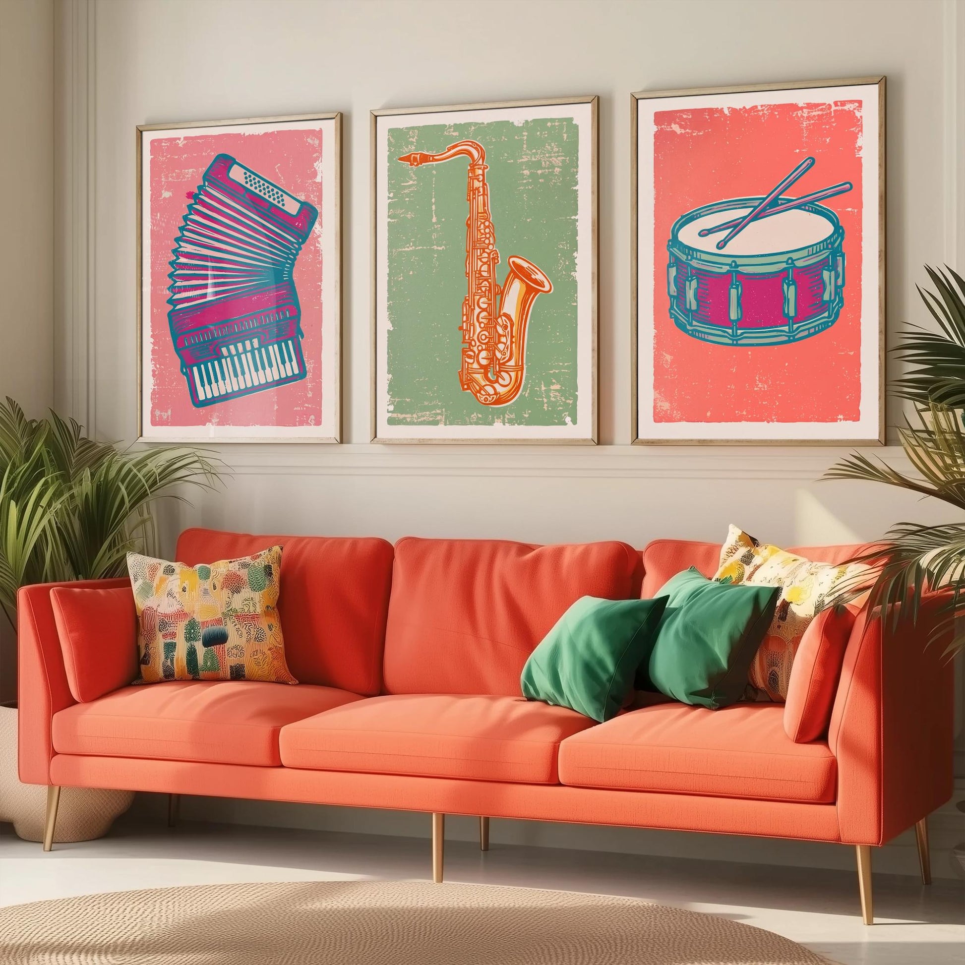 Set of Three Musical Instrument Art Prints - Accordion, Saxophone & Snare Drum - Linocut Style Illustrations - Music Posters V2