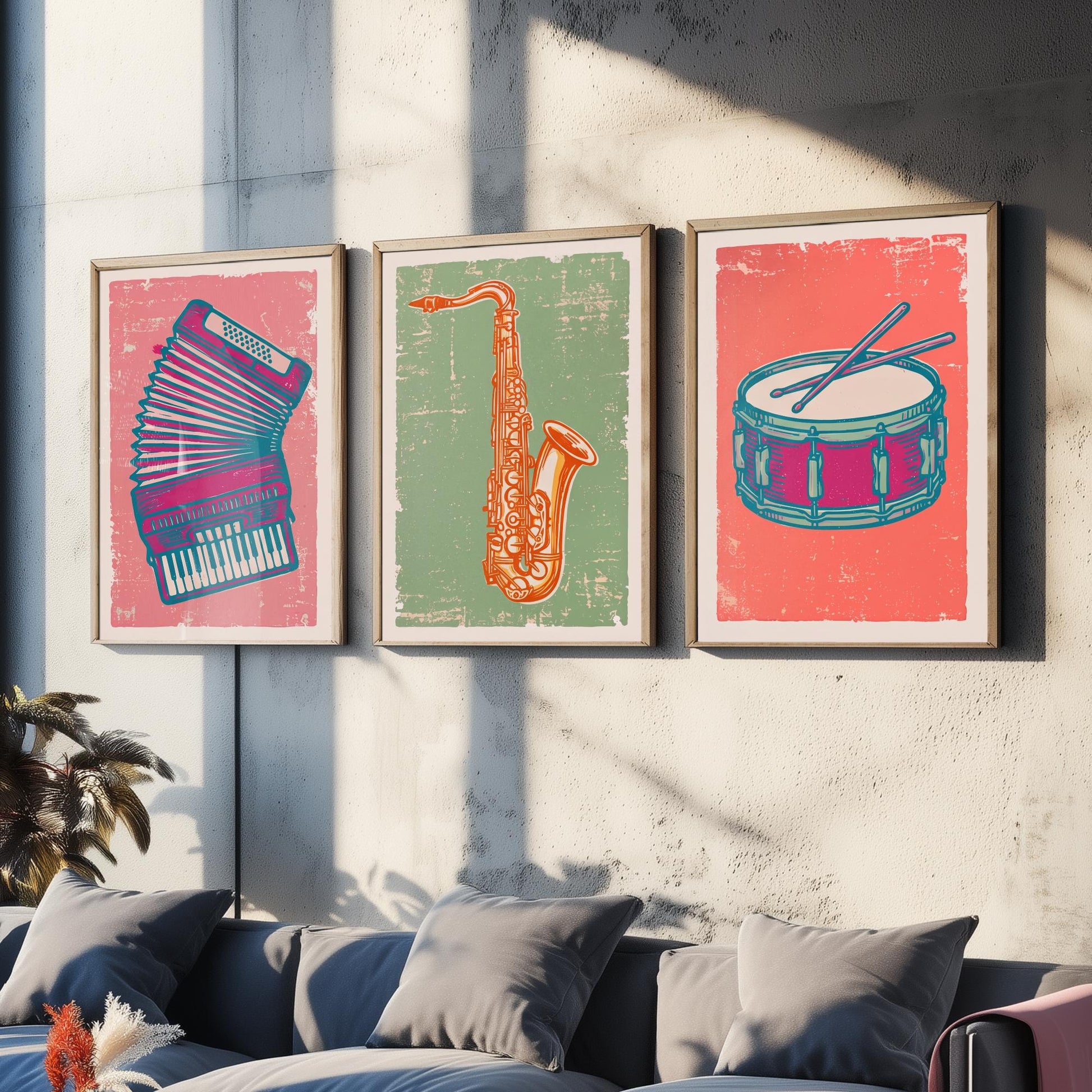 Set of Three Musical Instrument Art Prints - Accordion, Saxophone & Snare Drum - Linocut Style Illustrations - Music Posters V2