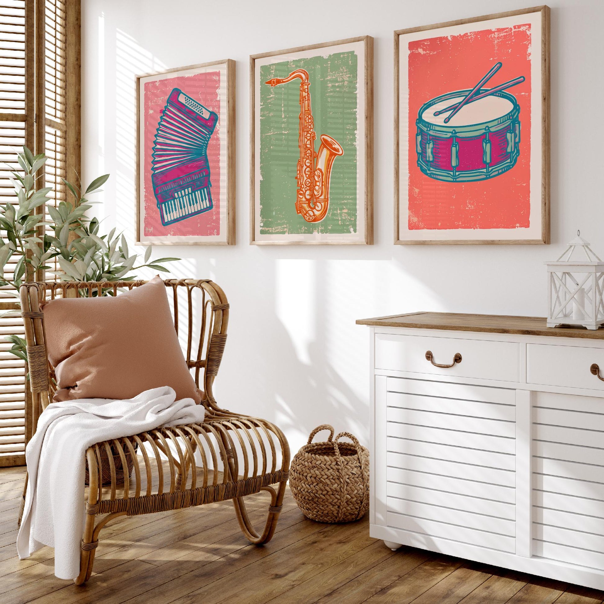Set of Three Musical Instrument Art Prints - Accordion, Saxophone & Snare Drum - Linocut Style Illustrations - Music Posters V2