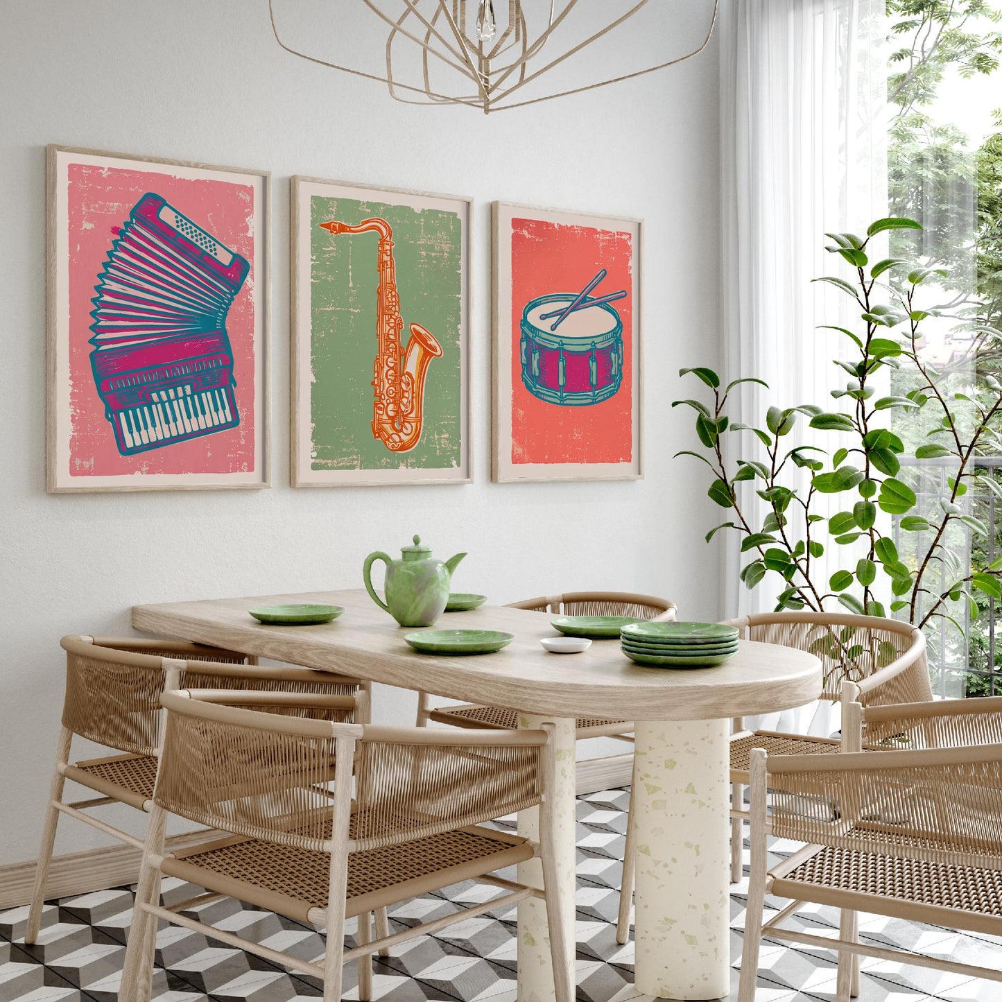 Set of Three Musical Instrument Art Prints - Accordion, Saxophone & Snare Drum - Linocut Style Illustrations - Music Posters V2