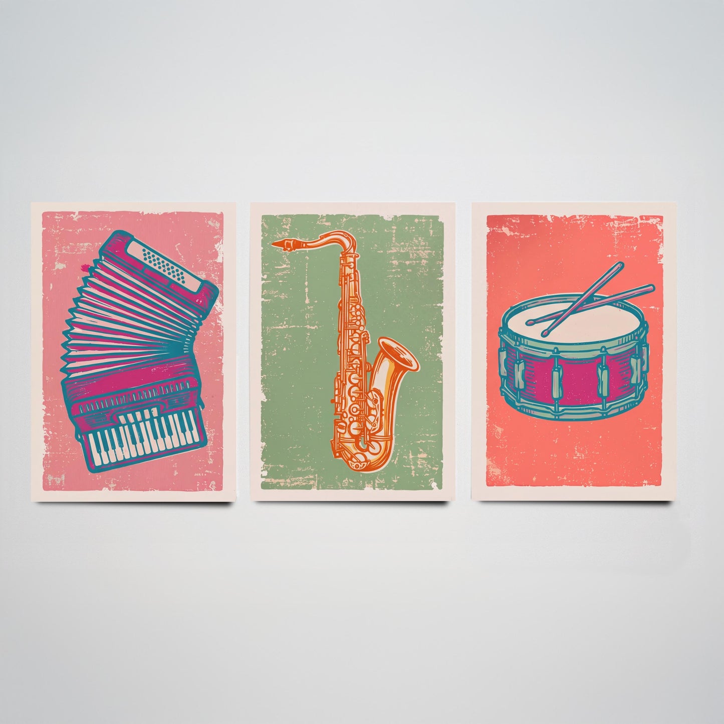 Set of Three Musical Instrument Art Prints - Accordion, Saxophone & Snare Drum - Linocut Style Illustrations - Music Posters V2