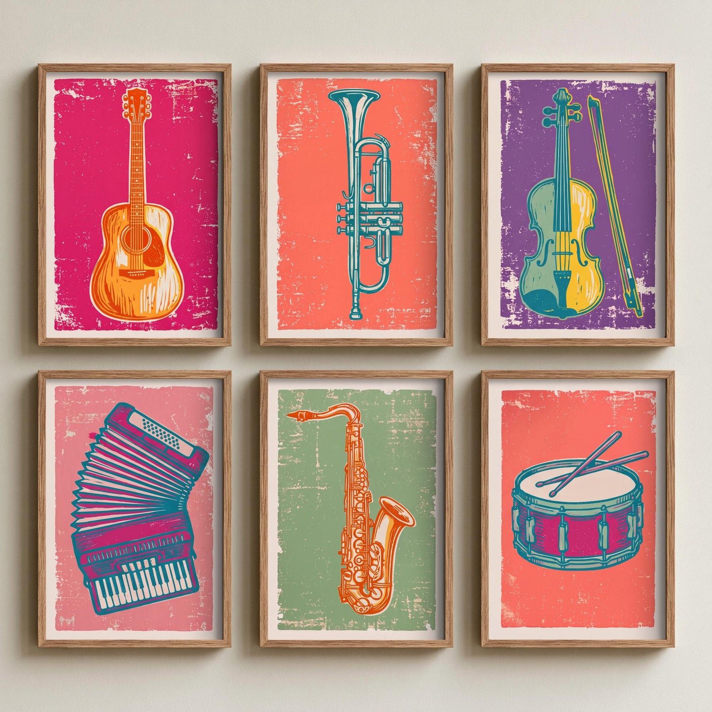 Set of Six Musical Instrument Art Prints - 6 Linocut Illustrations - Guitar, Trumpet, Violin, Accordion, Saxophone, Drum - Music Posters