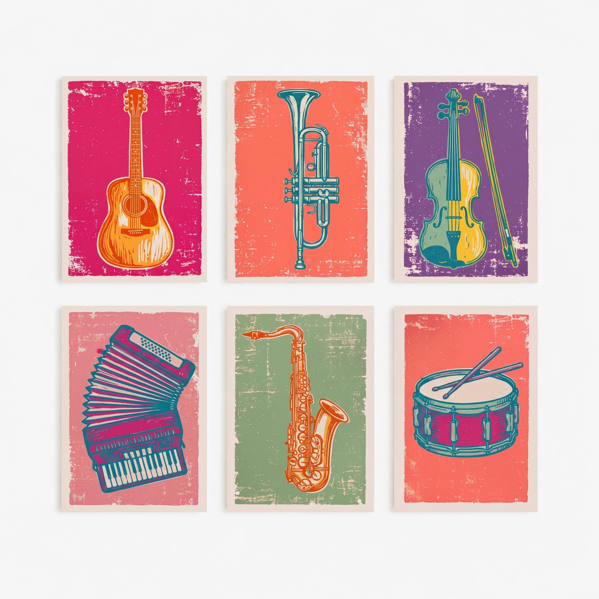 Set of Six Musical Instrument Art Prints - 6 Linocut Illustrations - Guitar, Trumpet, Violin, Accordion, Saxophone, Drum - Music Posters