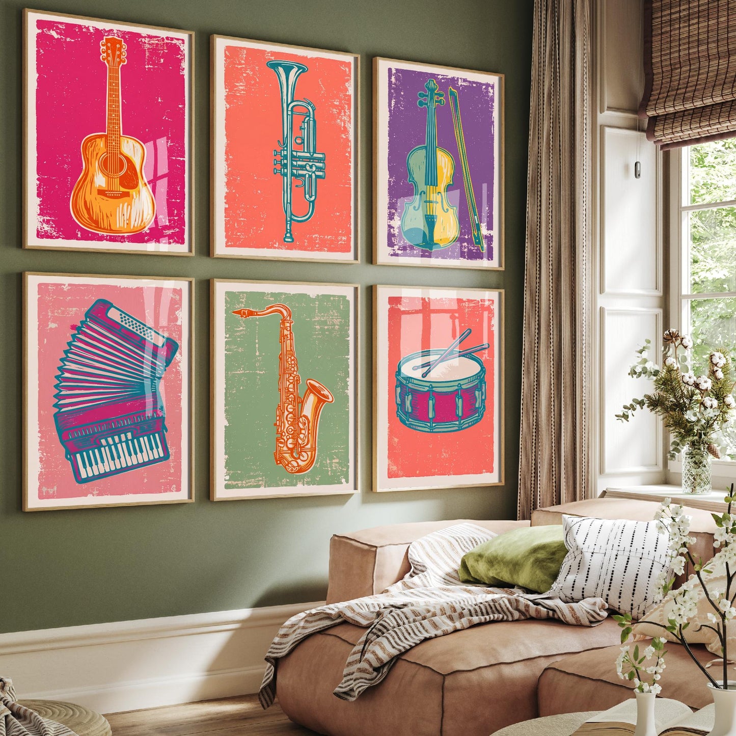 Set of Six Musical Instrument Art Prints - 6 Linocut Illustrations - Guitar, Trumpet, Violin, Accordion, Saxophone, Drum - Music Posters
