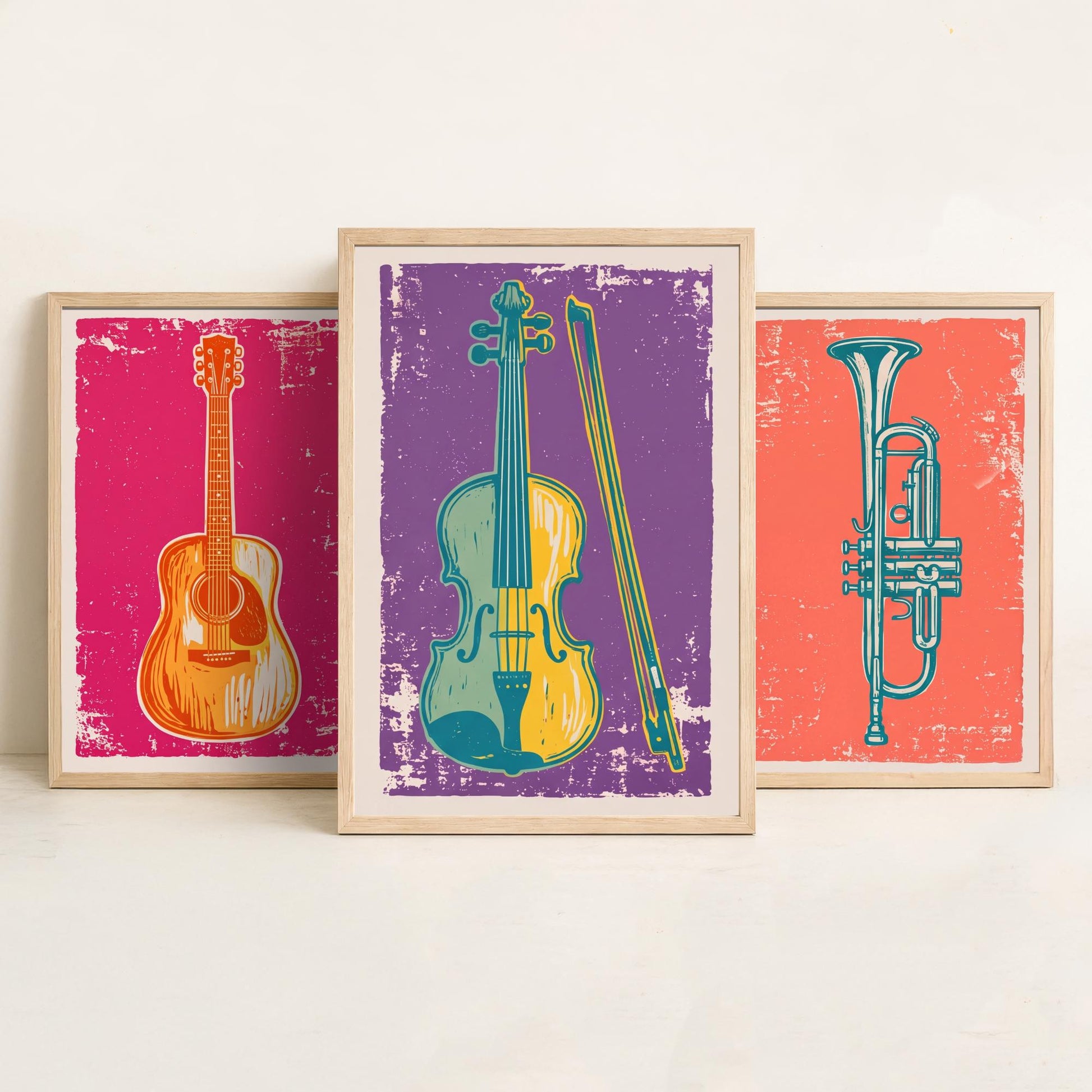 Set of Three Musical Instrument Art Prints - Guitar, Trumpet & Violin - Linocut Style Illustrations - Music Room Posters V1