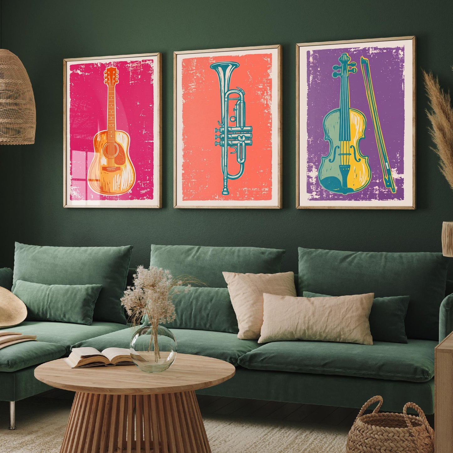 Set of Three Musical Instrument Art Prints - Guitar, Trumpet & Violin - Linocut Style Illustrations - Music Room Posters V1