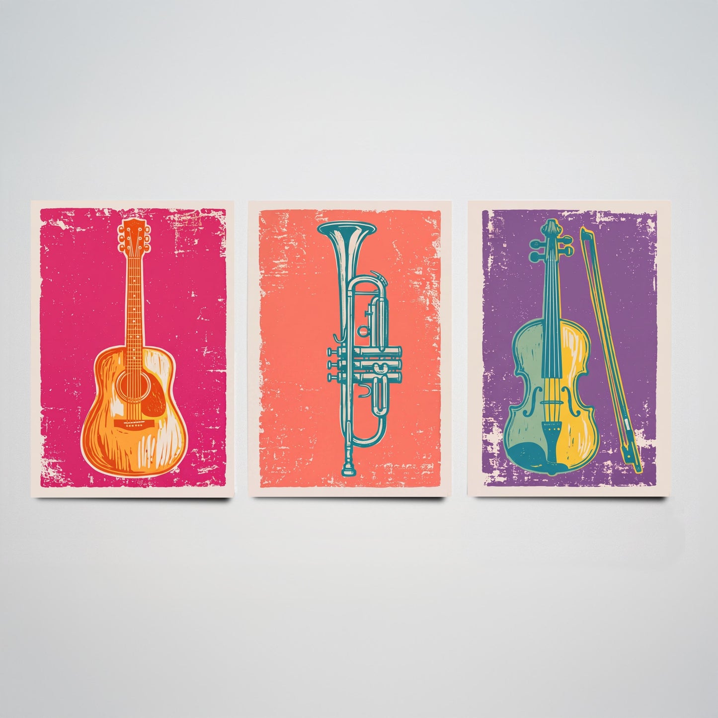 Set of Three Musical Instrument Art Prints - Guitar, Trumpet & Violin - Linocut Style Illustrations - Music Room Posters V1