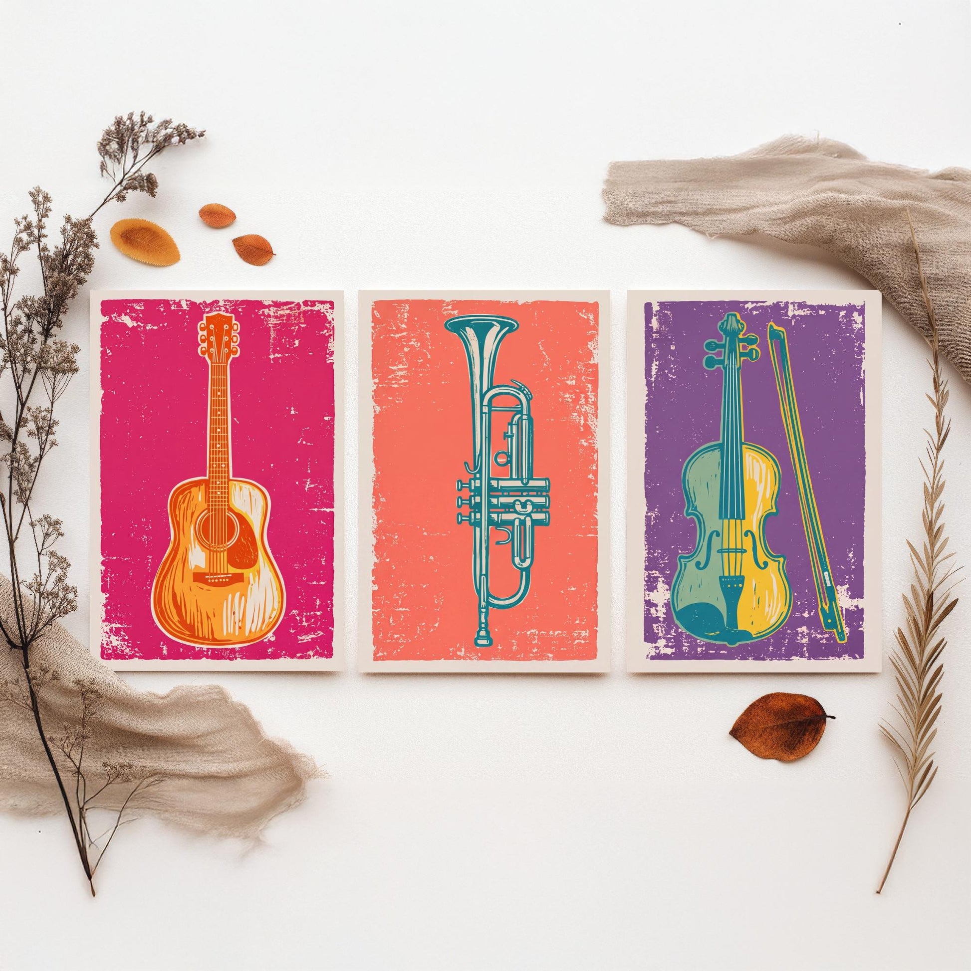 Set of Three Musical Instrument Art Prints - Guitar, Trumpet & Violin - Linocut Style Illustrations - Music Room Posters V1